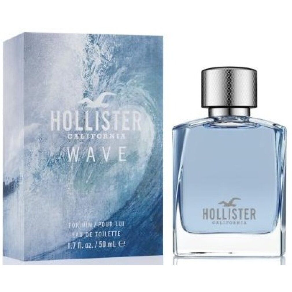 Hollister Wave Eau de Toilette und Verpackung. Flakon mit silbernem Deckel. Verpackung mit blauem Wellenmuster.