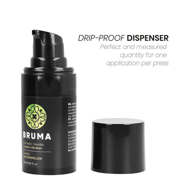 Schwarze Pumpflasche mit abgenommenem Deckel, Marke BRUMA, "Liquid Vibrator".