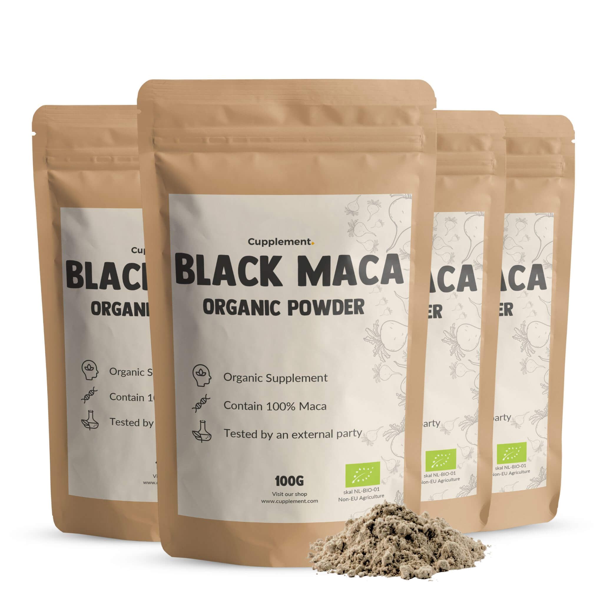 Vier Beutel Cupplement Black Maca Pulver. Braune Verpackung mit weißem Etikett. 100g, Bio-Siegel.