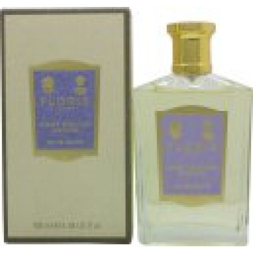 Floris Night Scented Jasmine Eau de Toilette Flakon und Karton. Helles Etikett mit blauen und goldenen Details.