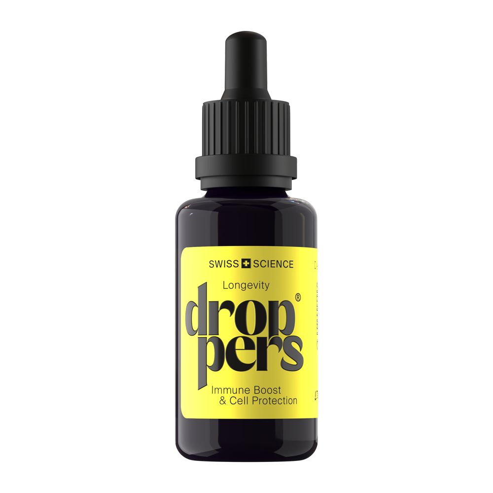 Braune Glasflasche mit schwarzem Deckel und Pipette. Gelbes Etikett mit Text: "dropers Immune Boost & Cell Protection".