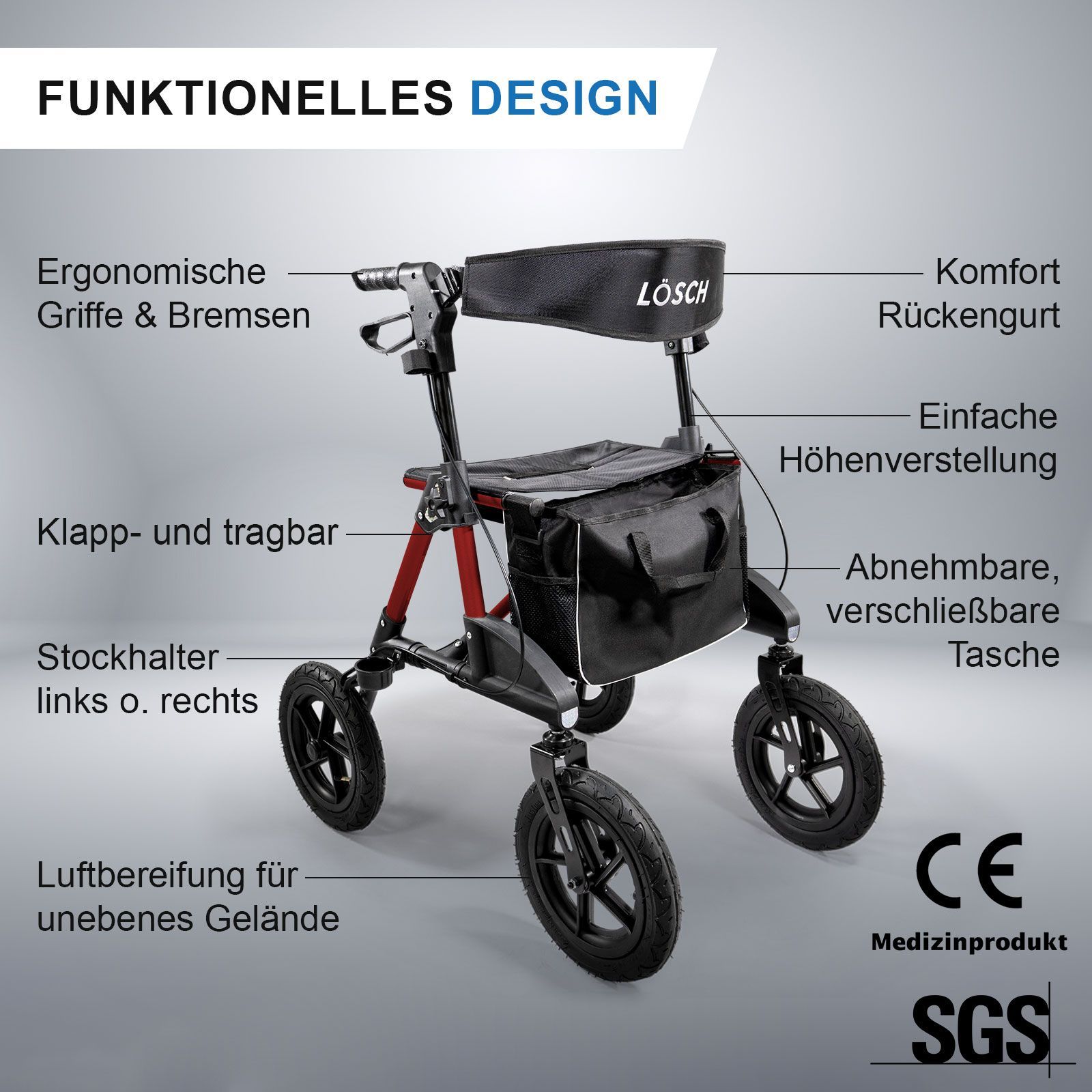 Premium Outdoor Rollator Tabas Luftbereift Rot 1 St