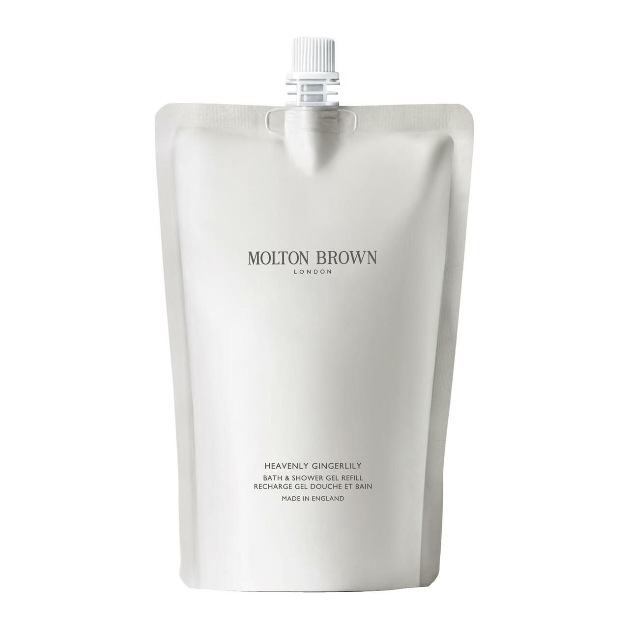 Nachfüllpackung. Weißer Beutel mit Molton Brown-Logo und Produktbezeichnung. Mit Schraubverschluss.