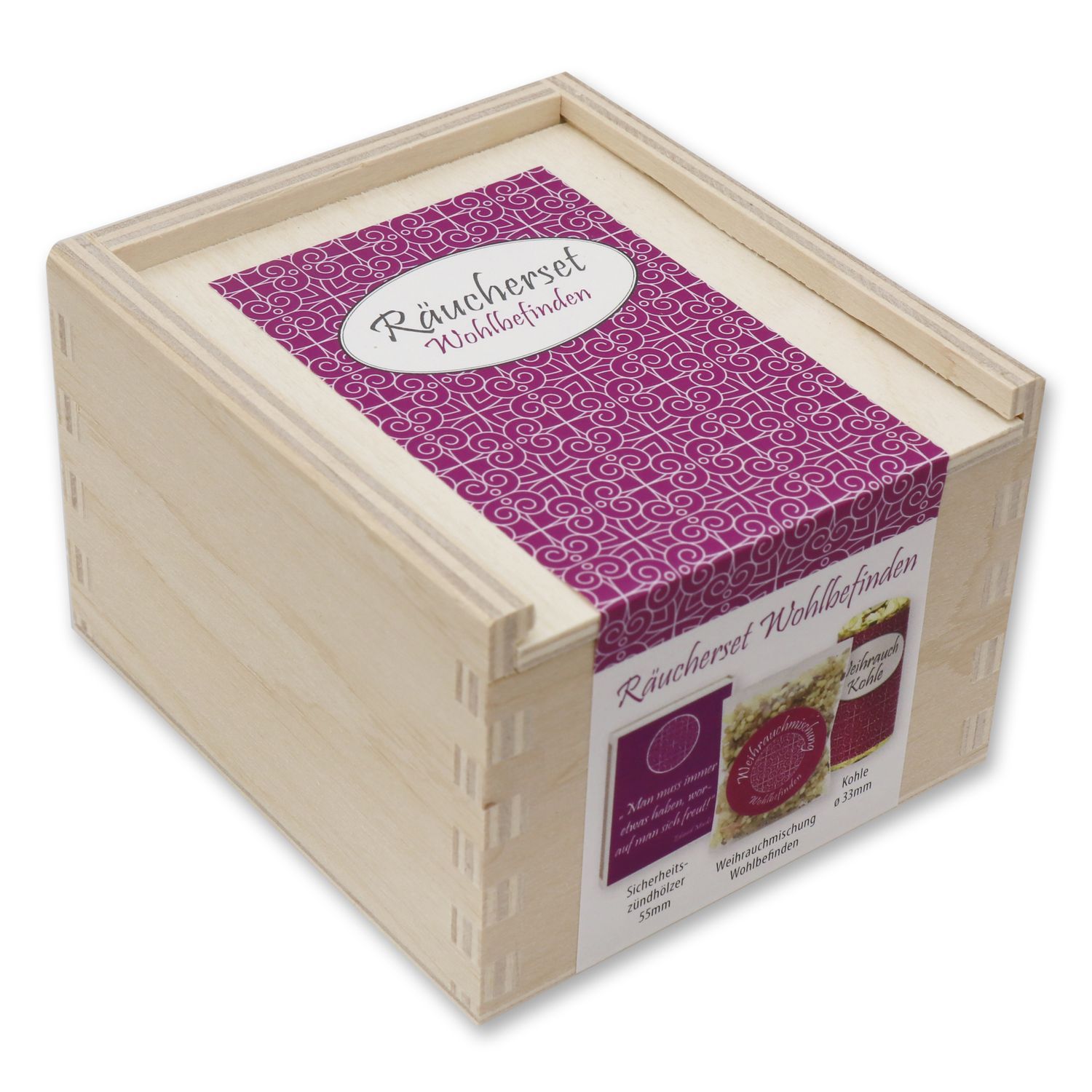Holzkiste mit Deckel, umwickelt mit lila Band. Aufschrift: Räucherset Wohlbefinden. Auf dem Band sind Produktabbildungen zu sehen.