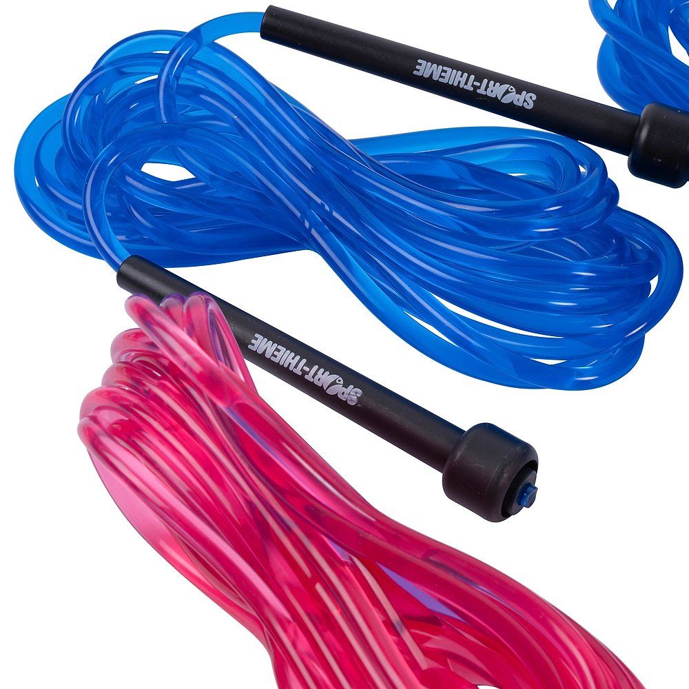Doppelseil in Blau und Pink. Schwarze Griffe mit weißem Schriftzug SPORT-THIEME. Transparente Seile.