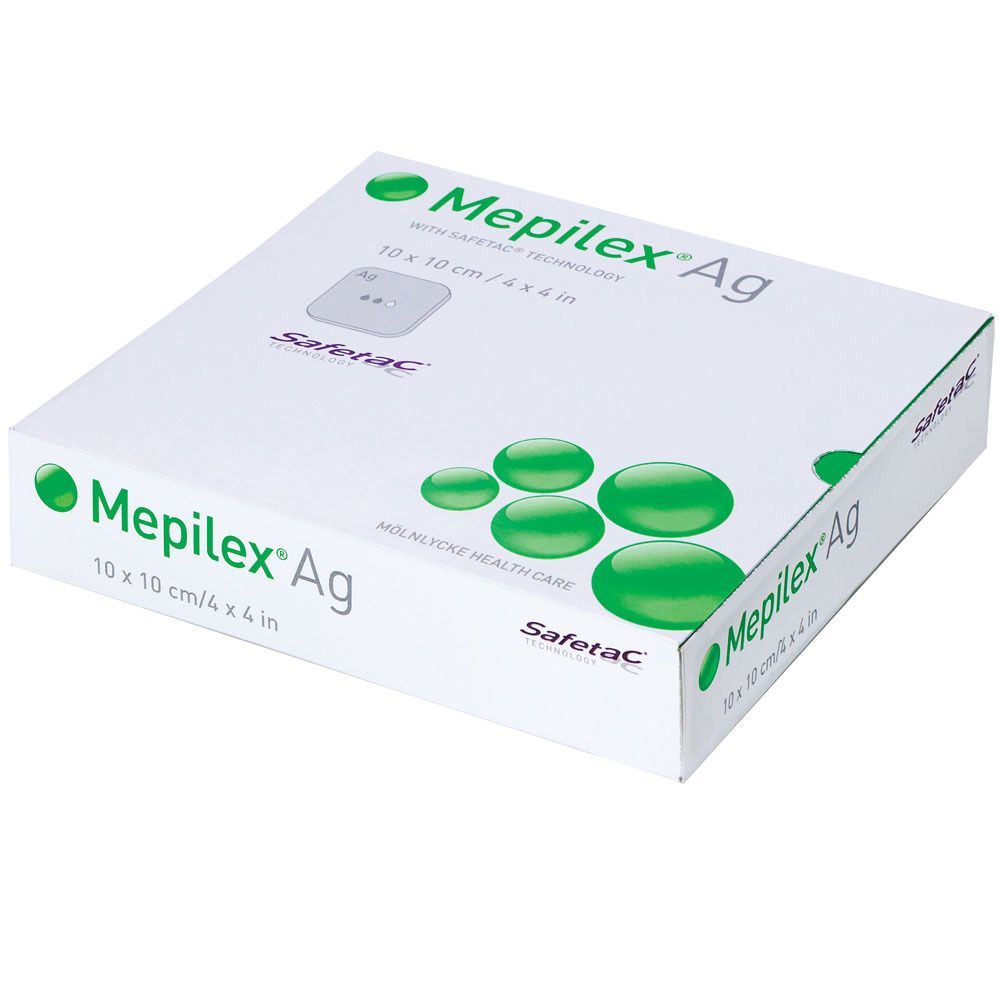 Verpackung von Mepilex Ag, antimikrobieller Silikonschaumverband. 10 x 10cm/4 x 4in.