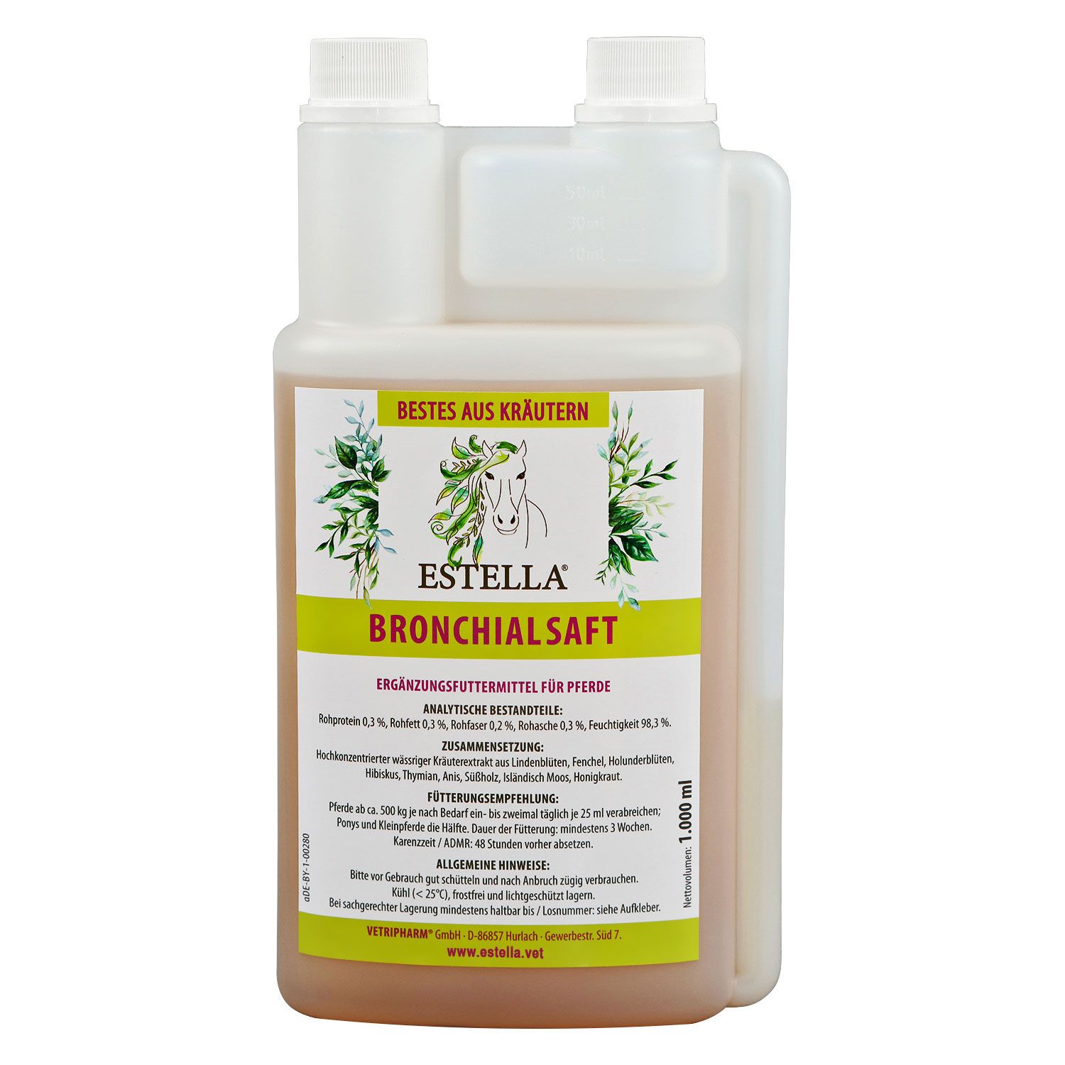 Eine Flasche Estella Bronchialsaft. Weißer Deckel, gelbes Etikett mit Produktnamen und Logo. 1000 ml.