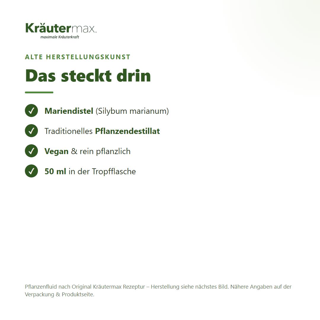 Übersicht der Inhaltsstoffe und Eigenschaften von Mariendistel Pflanzenfluid: Mariendistel, traditionelles Destillat, vegan, 50 ml.