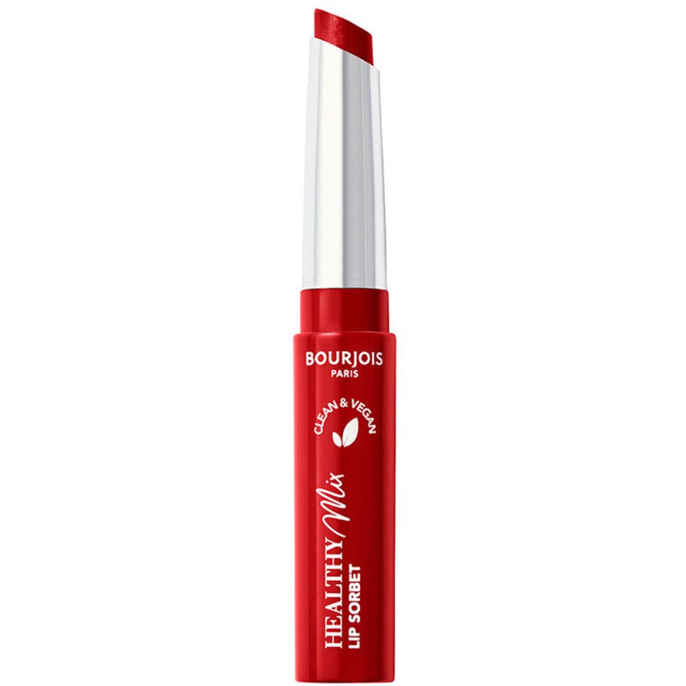 Roter Lippenstift, offene Spitze, silberner Applikator, Schriftzug Healthy Mix Lip Sorbet und Bourjois Paris. Vegan.