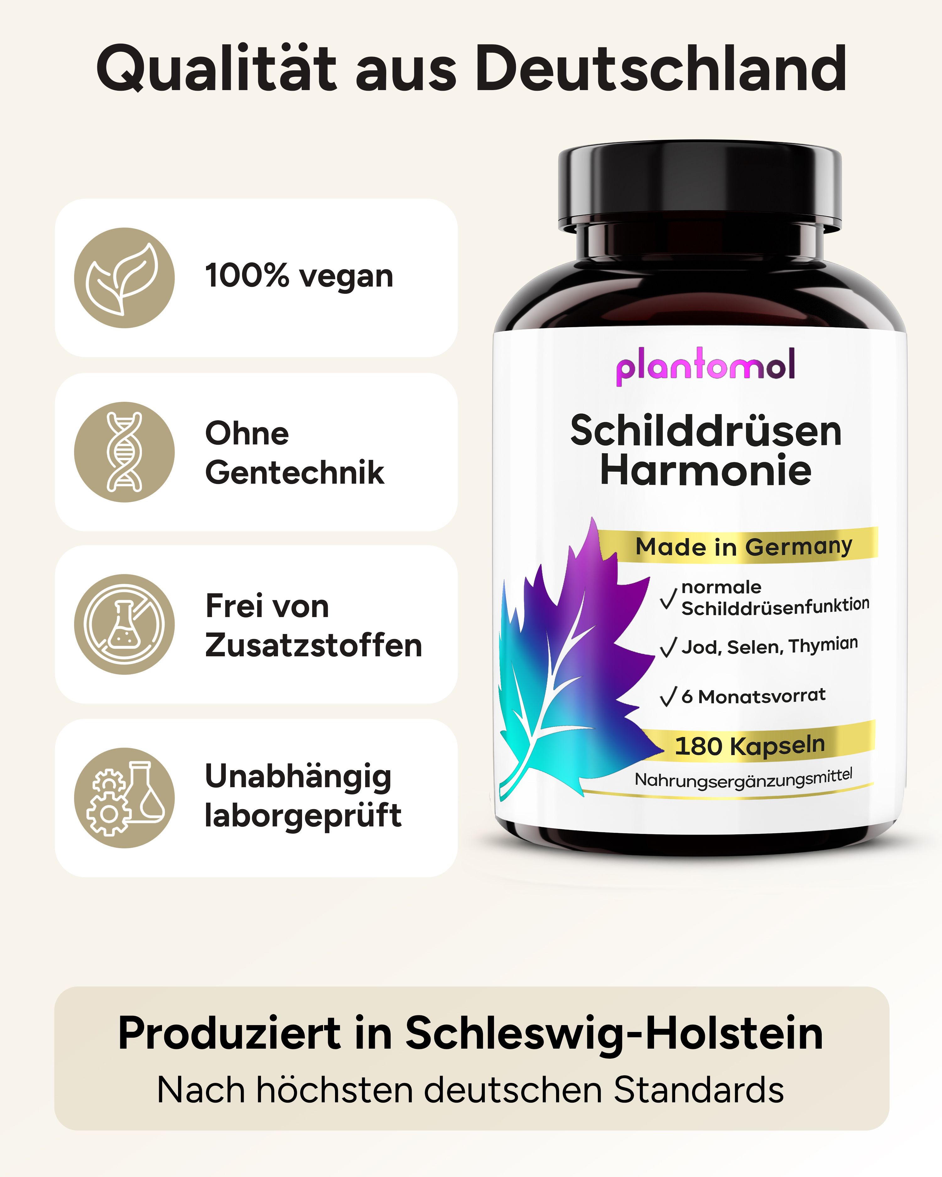 Produktflasche plantomol® Schilddrüsen Harmonie. 100% vegan, ohne Gentechnik, frei von Zusatzstoffen. 180 Kapseln.