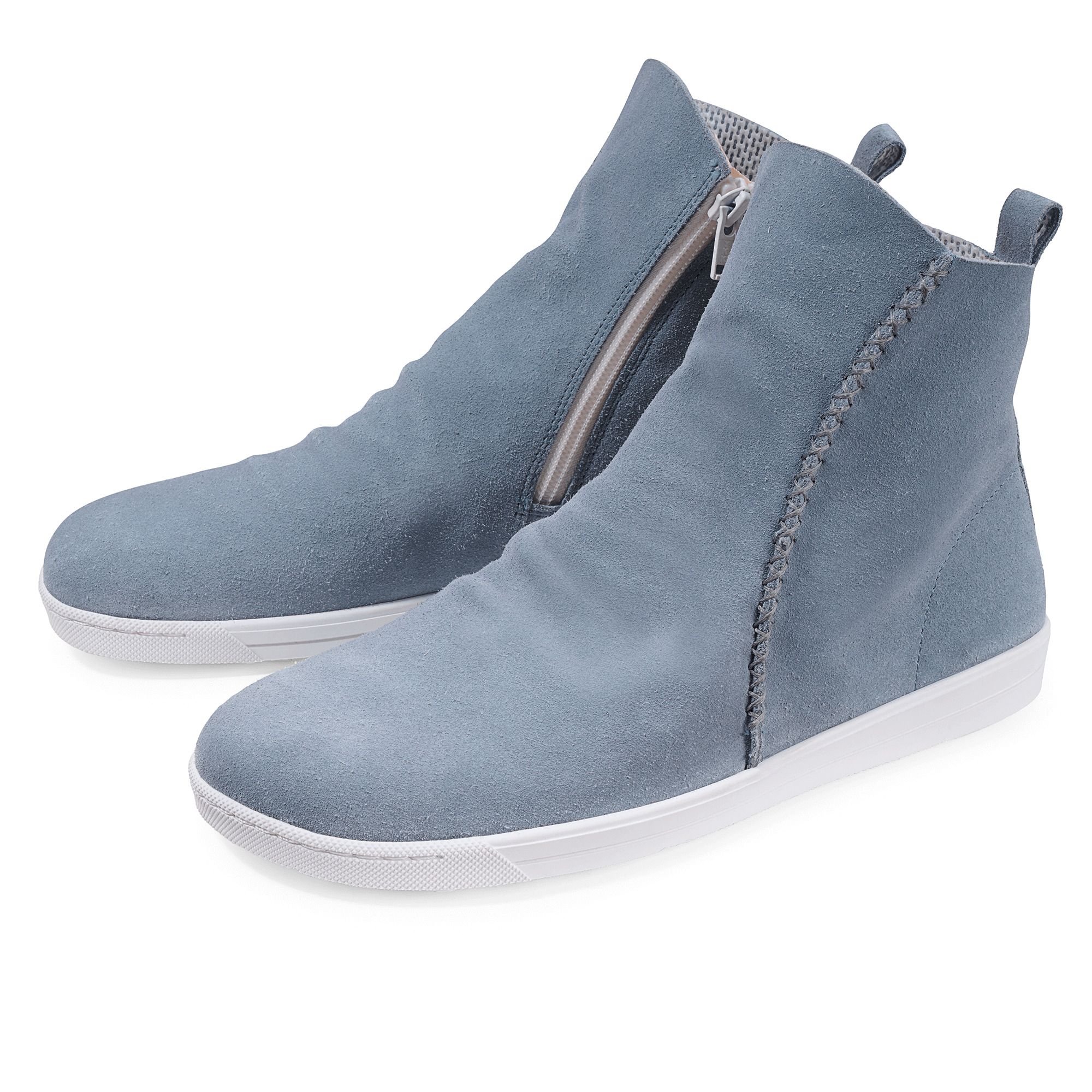 Graue Damen-Stiefeletten aus Wildleder mit Reißverschluss und weißer Sohle.