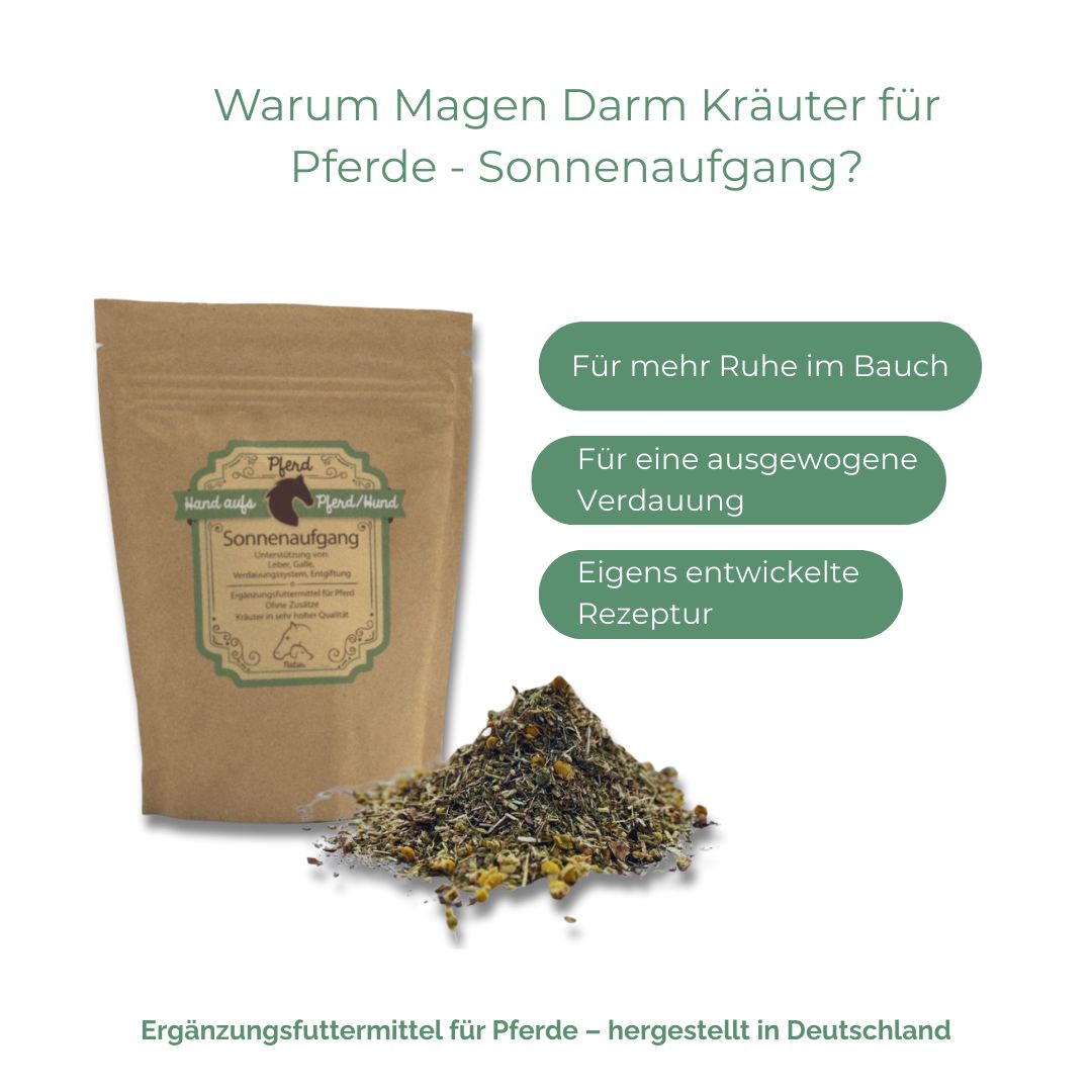 Beutel "Hand aufs Pferd/Hund Sonnenaufgang" neben Kräutermischung. Text: Warum Magen Darm Kräuter für Pferde - Sonnenaufgang?