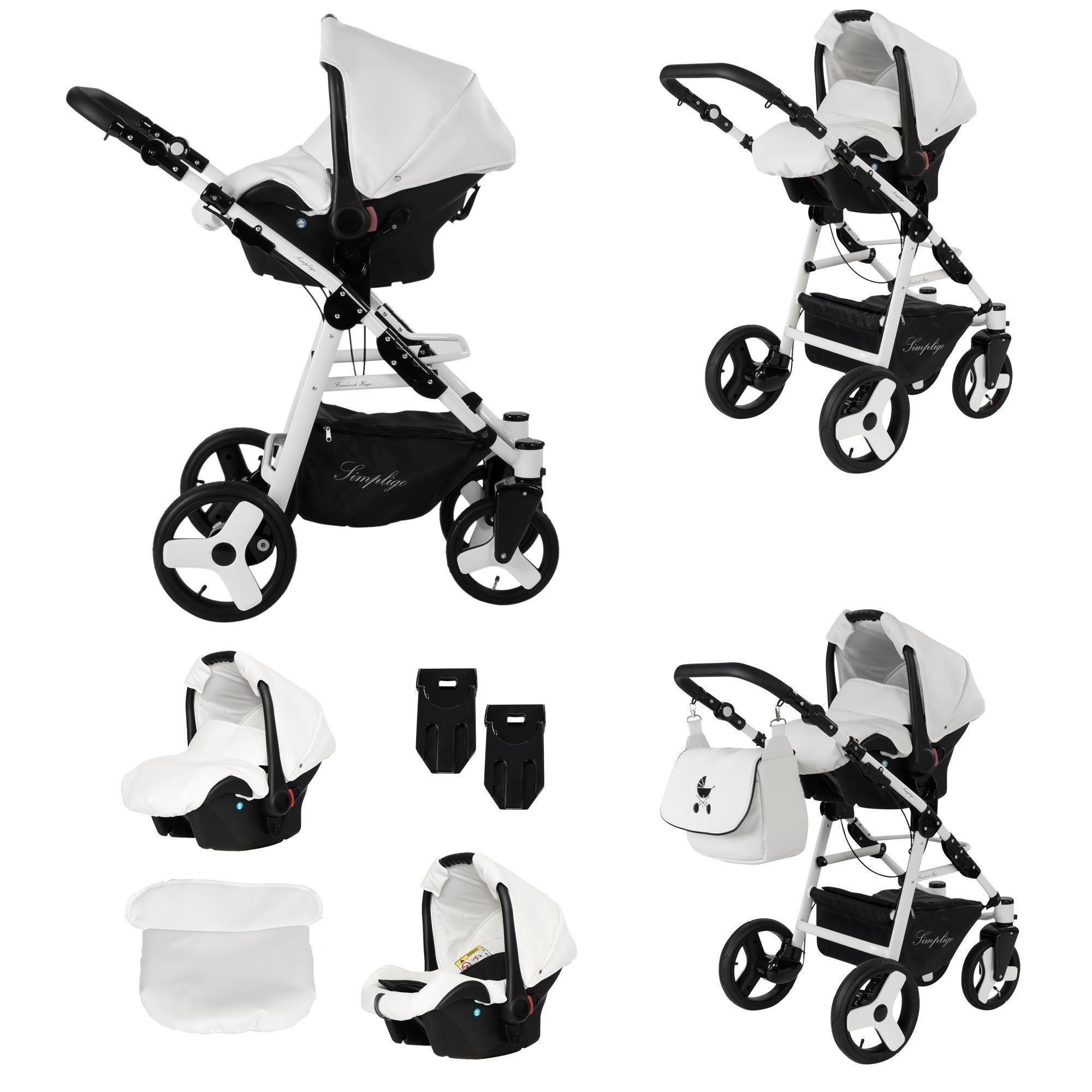 Friedrich Hugo Simpligo 4 in 1 Kinderwagen Komplettset ISOFIX Basis Luftreifen, Weiß (Kunstleder)