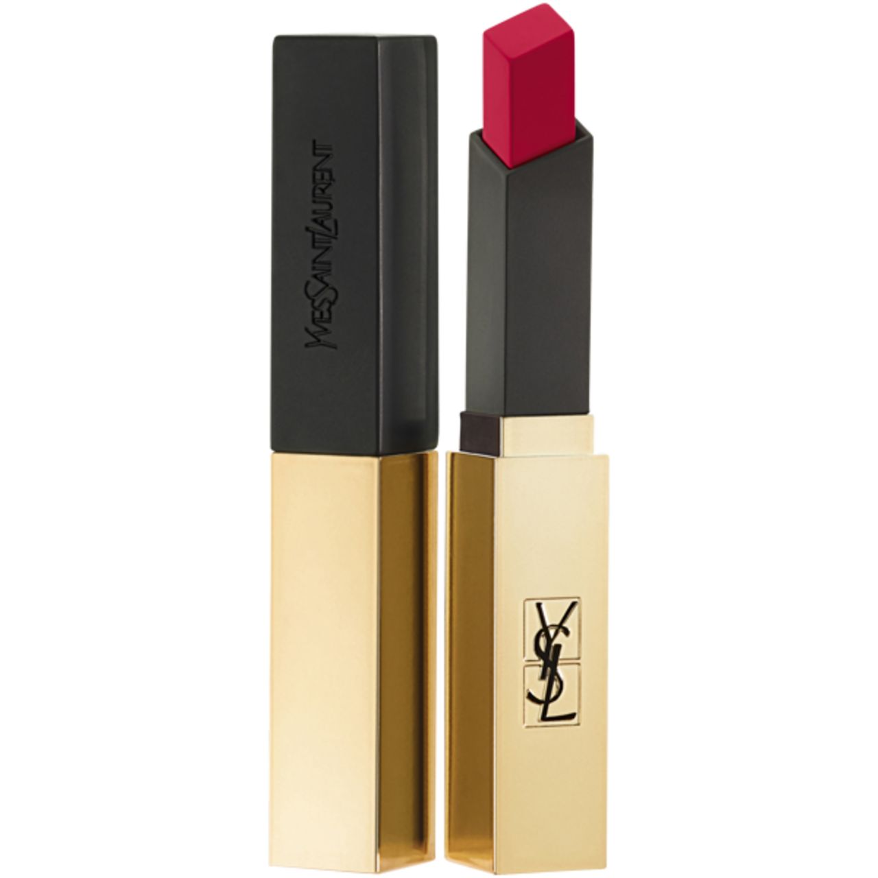 Lippenstift, goldener Behälter, schwarzer Deckel. Marke Yves Saint Laurent. Geöffnet, Stift in Rot.