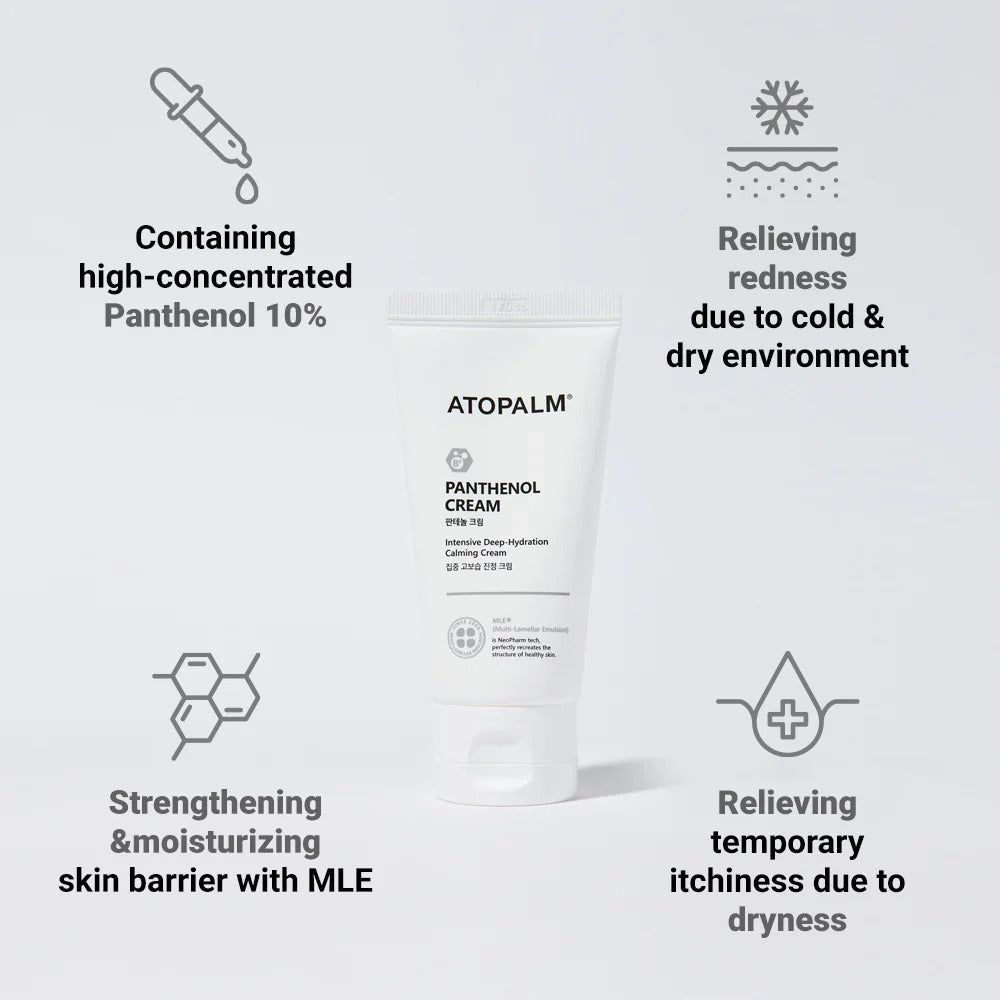 Tube mit Text und Icons. Enthält Panthenol 10%, lindert Rötungen, stärkt die Hautbarriere, lindert Juckreiz.