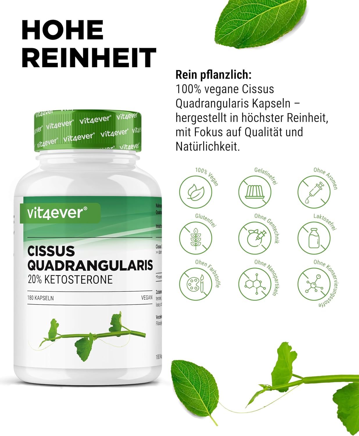 Vit4ever Cissus Quadrangularis Intenso Kapseln mit Reinheits-Symbolen.