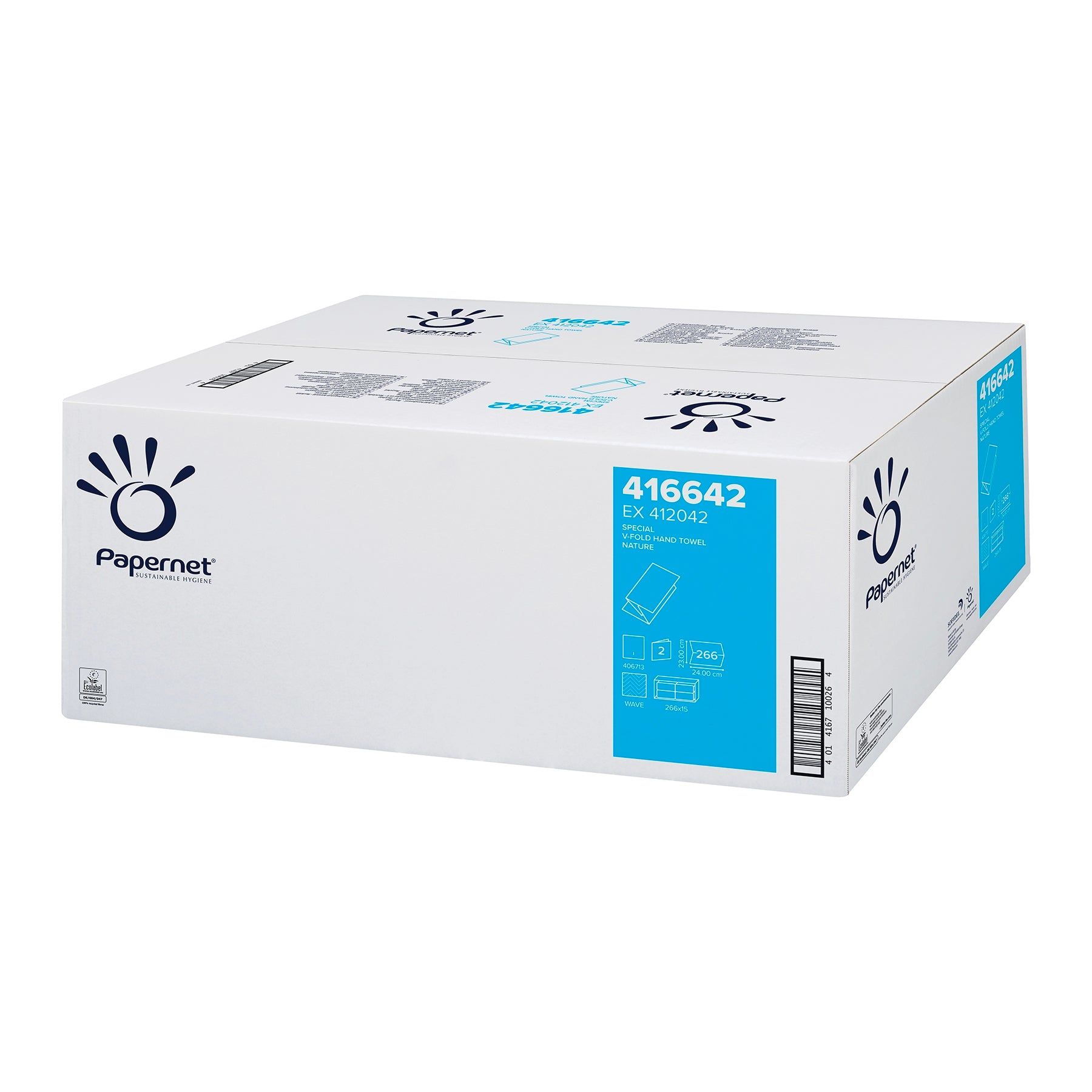 Karton mit Papierhandtüchern. Aufschrift Papernet und Produktnummer 416642. Blaue Kennzeichnung mit Produktinformationen.