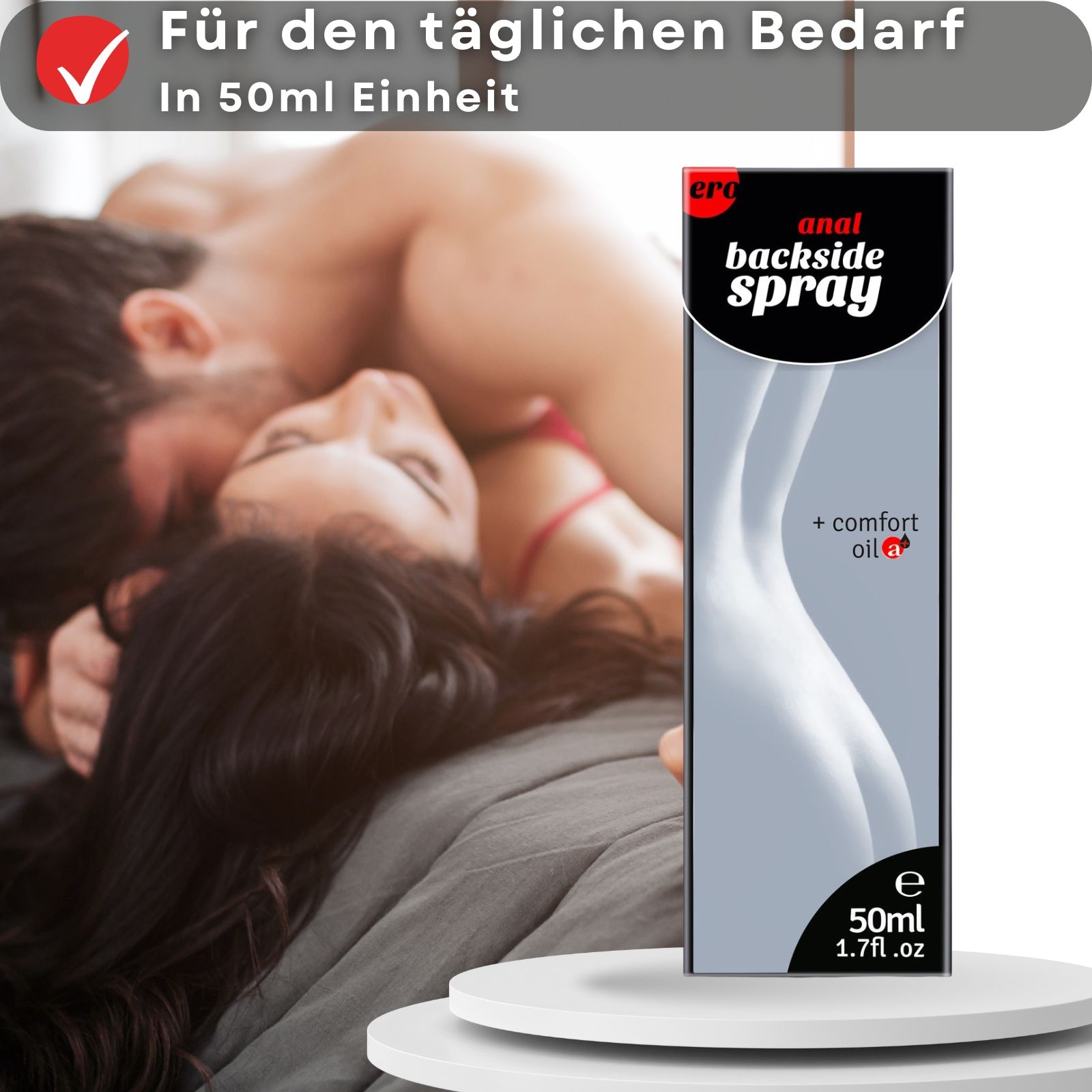 Schwarze Sprühflasche mit rotem Logo und Schriftzug "anal backside spray". Daneben eine Verpackung mit Produktnamen und Abbildung.