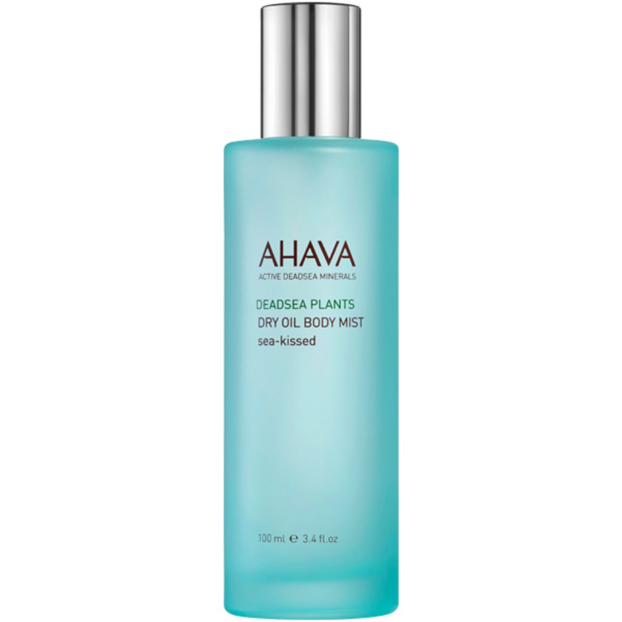 AHAVA Dry Oil Body Mist Flasche. Zylindrische Form, silberner Deckel. Produktbezeichnung und Logo sichtbar.