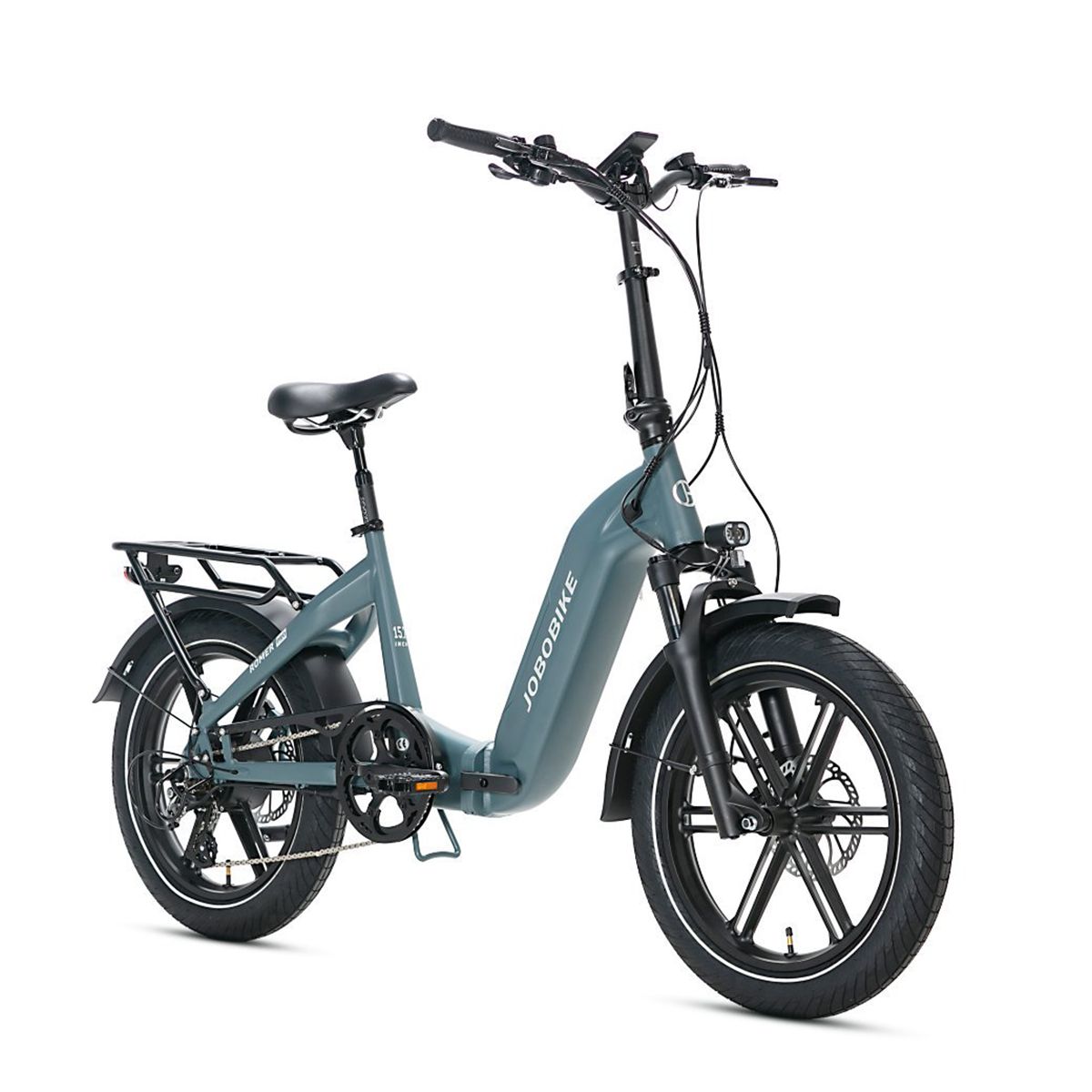 Graue E-Bike. Schwarze Reifen, Sattel und Gepäckträger. JOBOBIKE-Logo am Rahmen. Front- und Rücklicht.