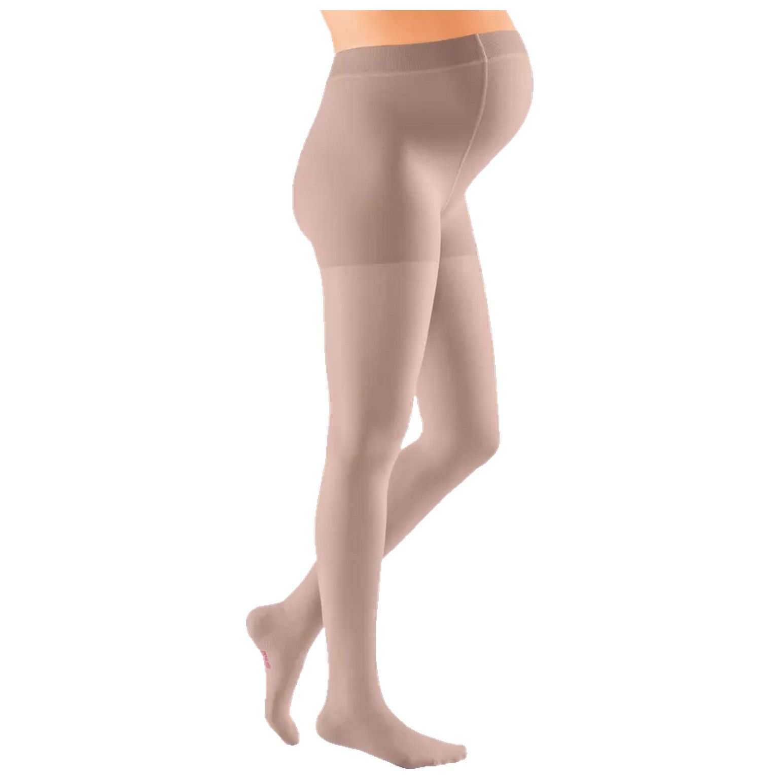 Hautfarbene Kompressions-Umstandshose. Seitliche Ansicht einer Person mit Schwangerschaftsbauch. Strumpfhose bedeckt die Beine.