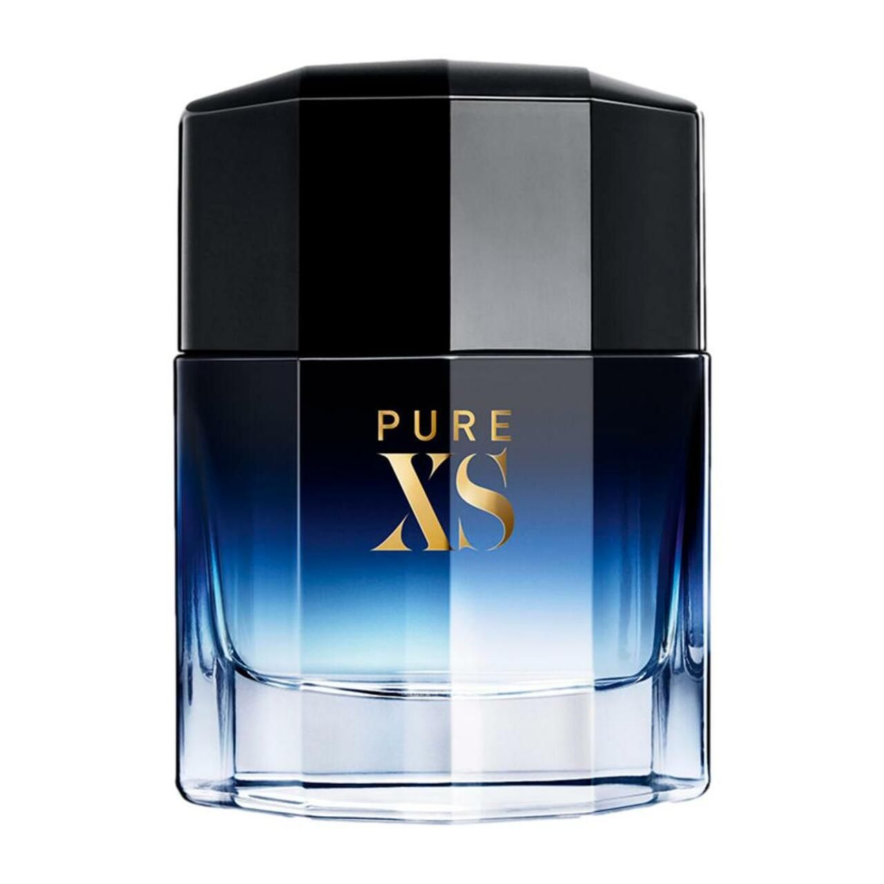 Paco Rabanne Pure XS E.d.T. Flakon. Blau-schwarzer Farbverlauf. Goldener Schriftzug.