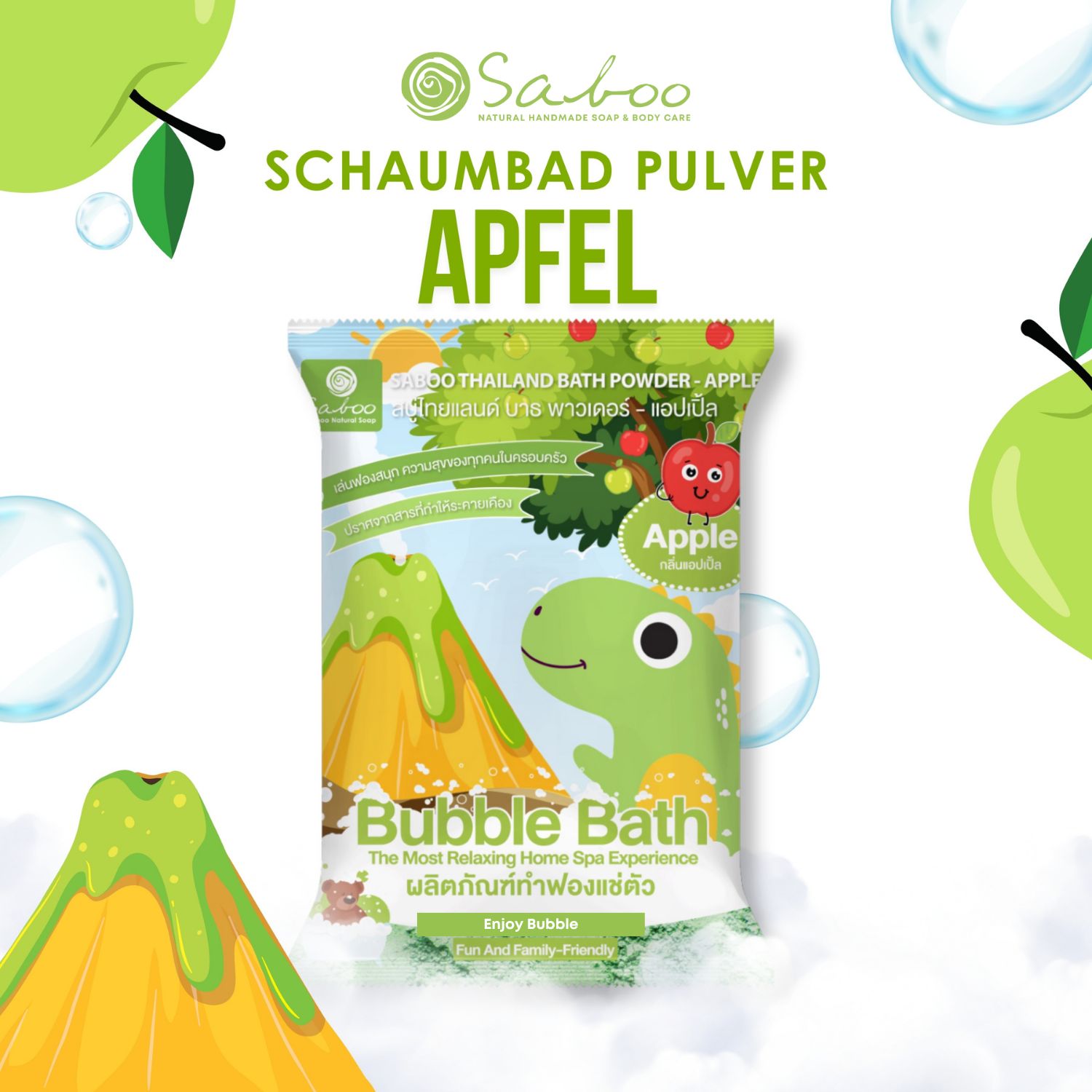 Produktverpackung mit Apfel-Badeschaumpulver. Logo und Produktname prominent platziert, umgeben von Äpfeln.