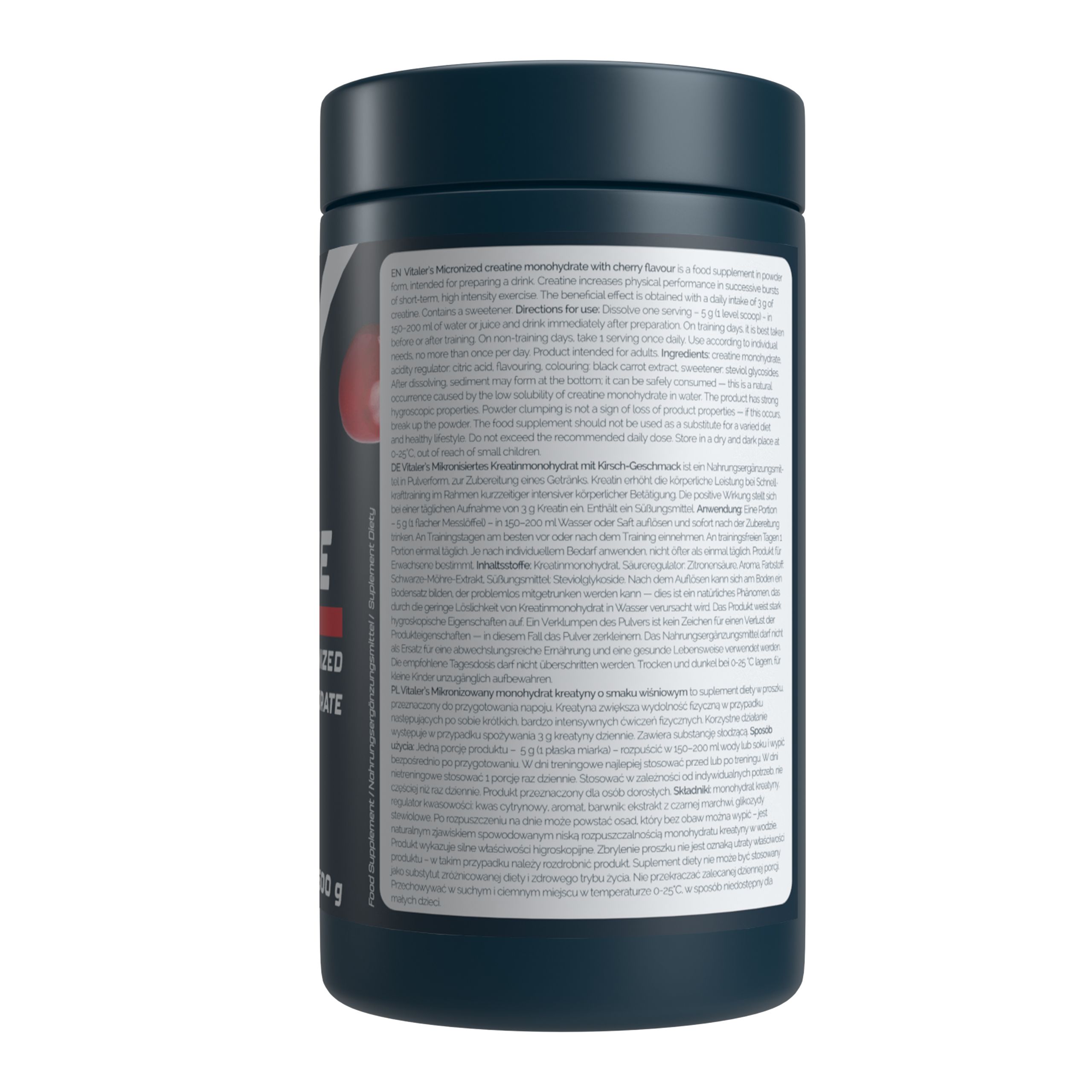 Dunkelblauer Behälter mit Informationen und Kirschenabbildung. Enthält Vitaler's Sport Kreatin Monohydrat.