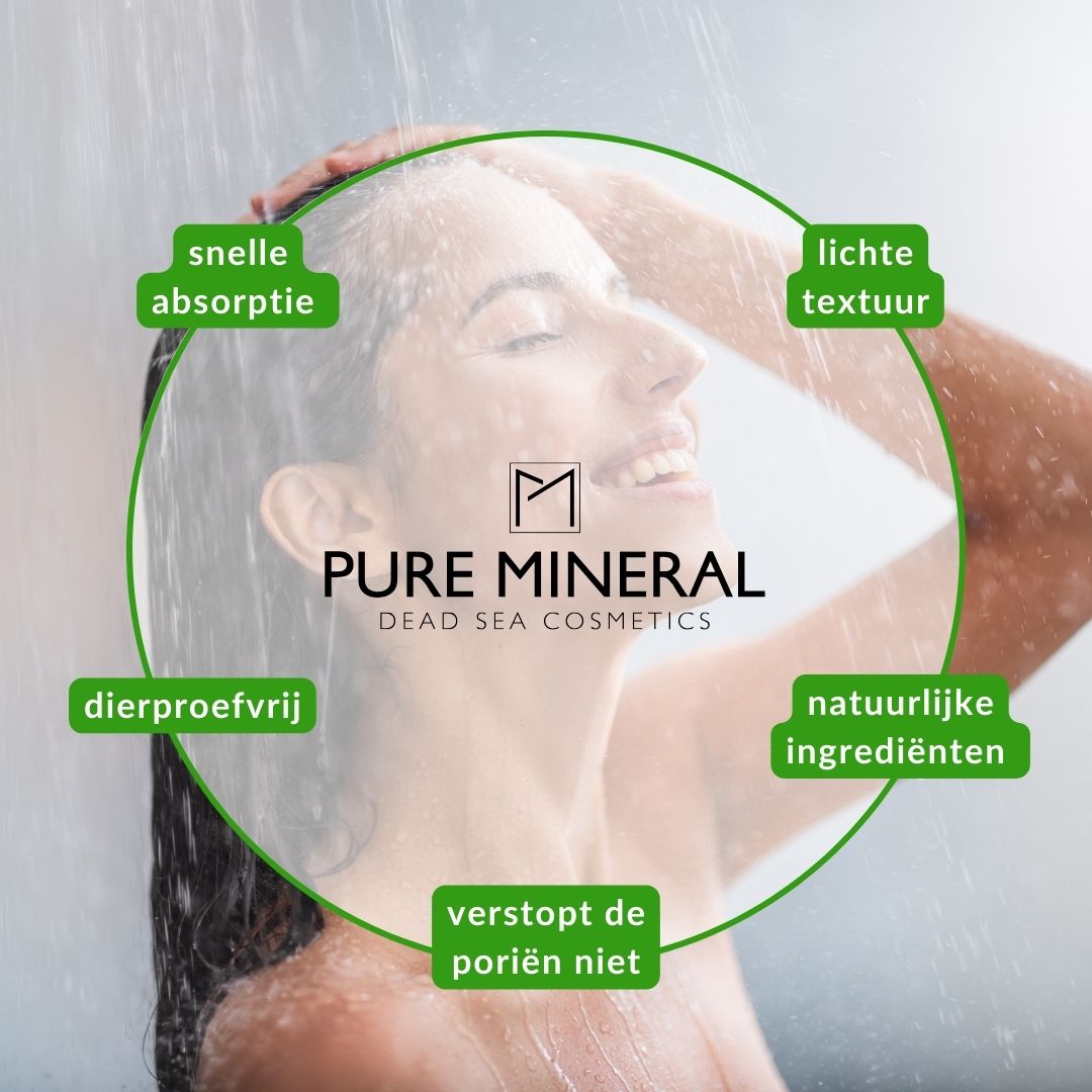 Vrouw onder de douche. Grafieken: Snelle absorptie, lichte textuur, dierproefvrij, natuurlijke ingrediënten.