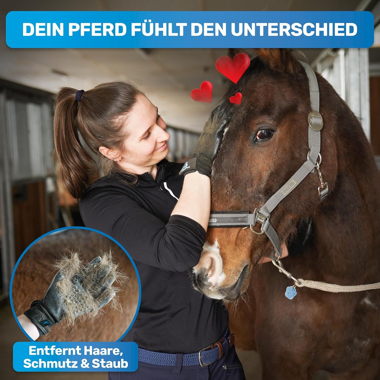 Frau bürstet Pferd mit Fellpflegehandschuh. Entfernt Haare, Schmutz & Staub. Text: Dein Pferd fühlt den Unterschied.