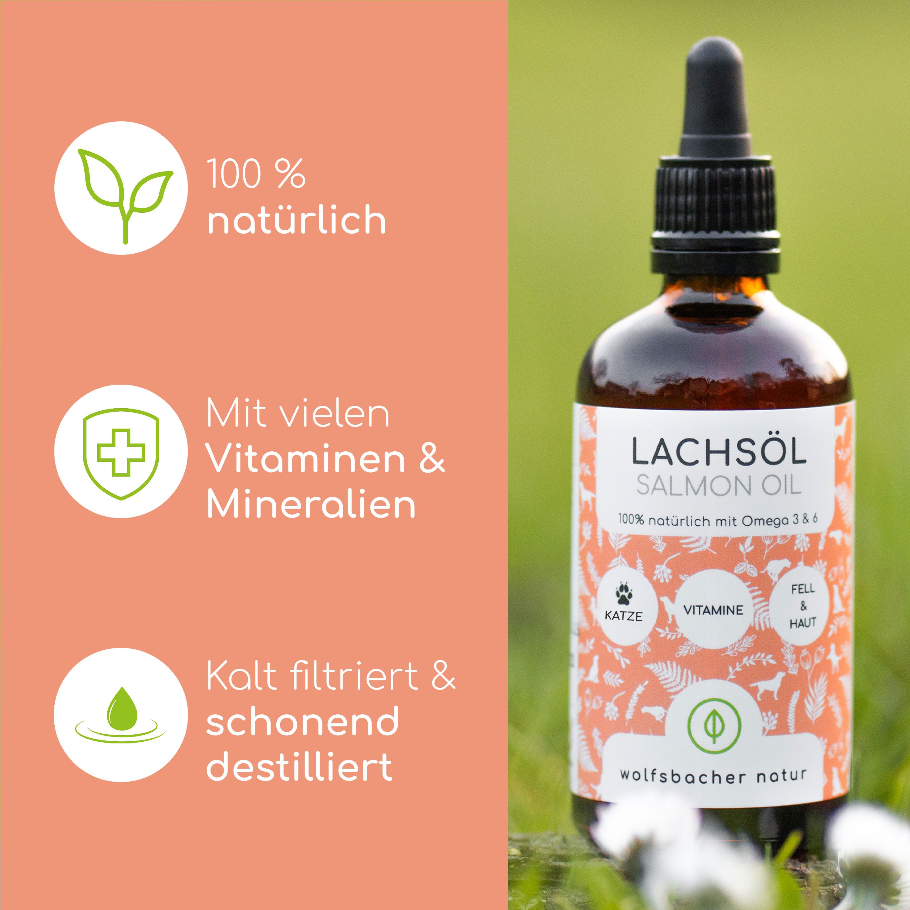 Lachsöl-Flasche mit Text: 100% natürlich, Mit vielen Vitaminen & Mineralien, Kalt filtriert & schonend destilliert. Aufschrift: Lachsöl, 100% natürlich.