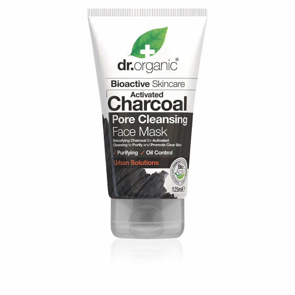 Tube mit Dr. Organic Charcoal Face Mask. Weißes Tube mit schwarzer Schrift. Enthält Aktivkohle. Bio-Zertifizierung.
