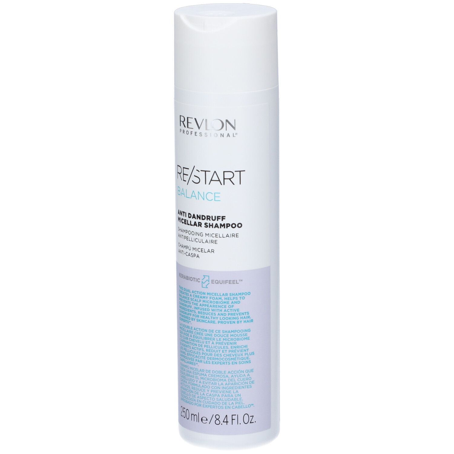 Weißer Zylinder mit weißem Deckel. Aufschrift: RE/START BALANCE, Anti-Schuppen-Shampoo. 250 ml.