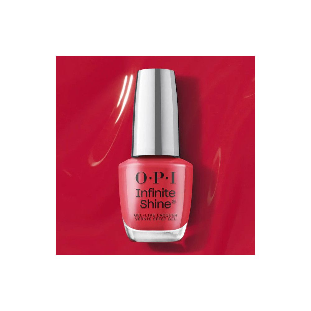 OPI Infinite Shine Nagellacke, rote Flasche mit silbernem Deckel. Auf rotem Hintergrund platziert.