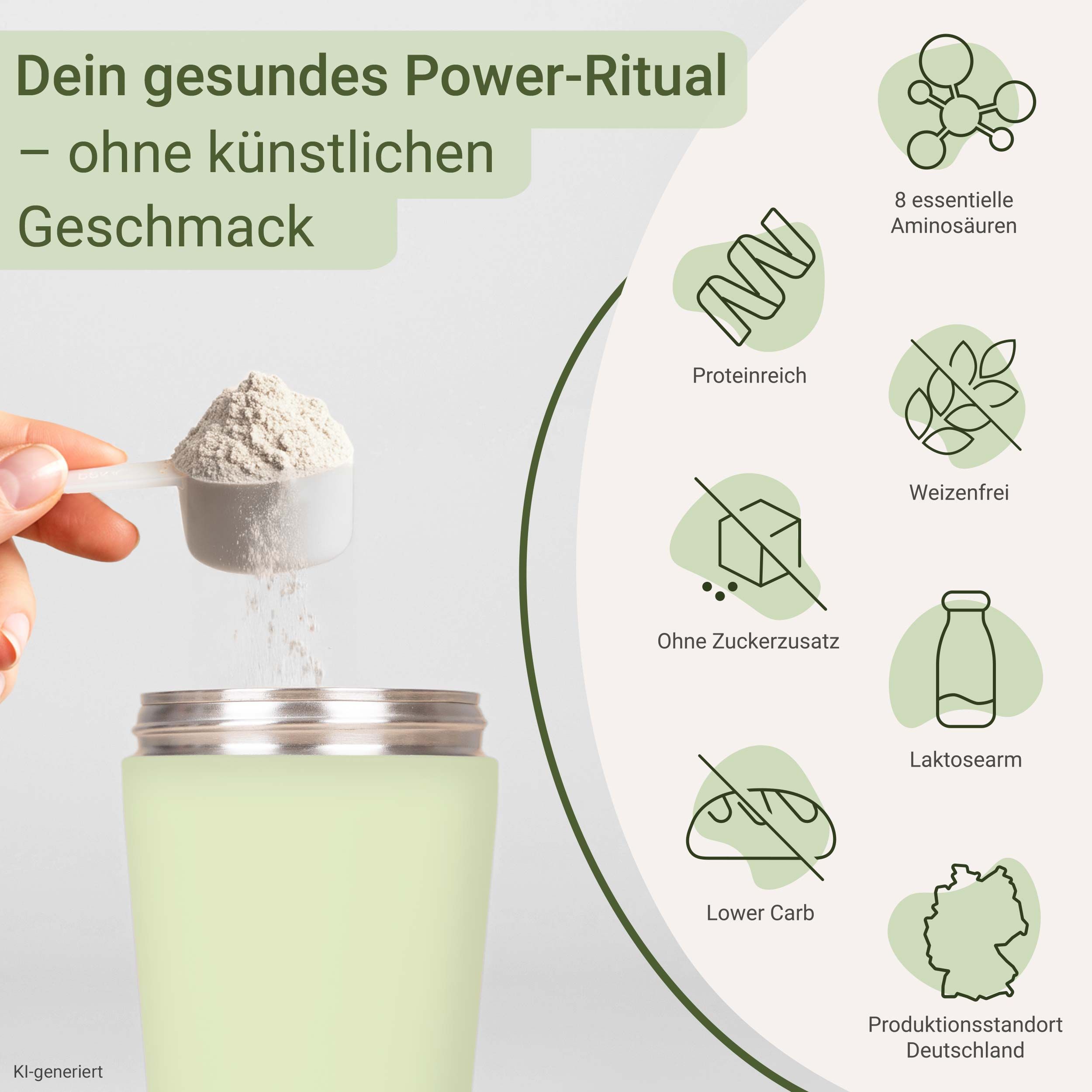 Pulver wird in einen Shaker gegeben. Ohne Zuckerzusatz, weizenfrei, laktosefrei, lower carb.