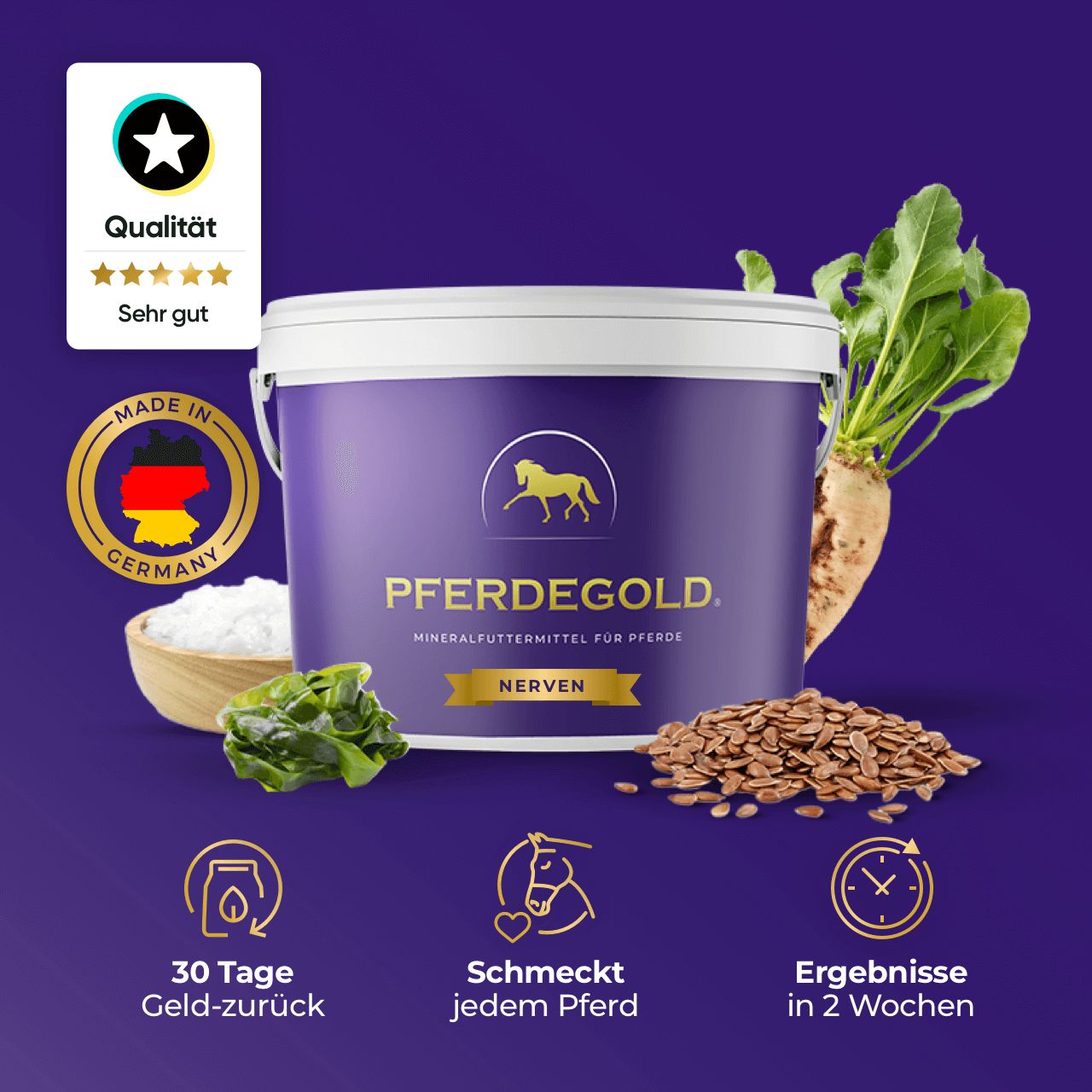 Lila Eimer mit Pferdegold Nerven, Zutaten, Qualitätssiegel, Made in Germany. Text: 30 Tage Geld-zurück, schmeckt jedem Pferd, Ergebnisse in 2 Wochen.