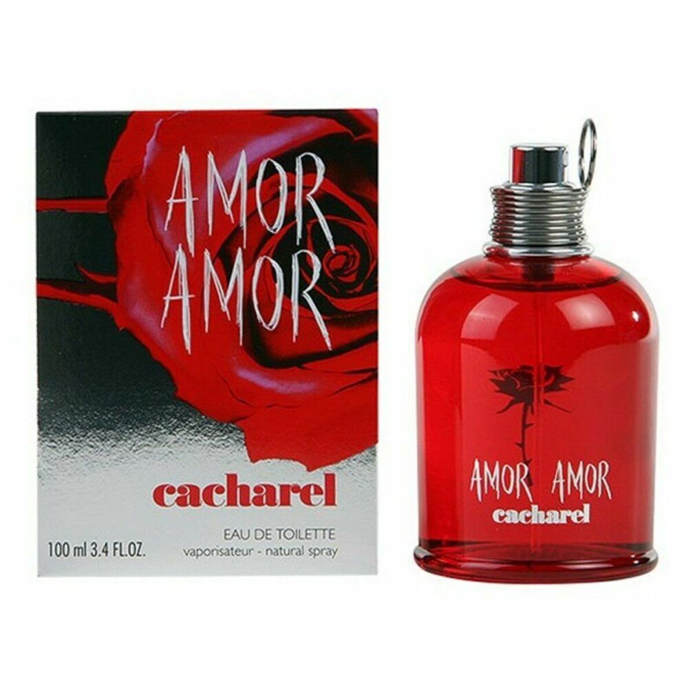 Roter Flakon und Schachtel. Aufschrift AMOR AMOR und Cacharel. Eau de Toilette.
