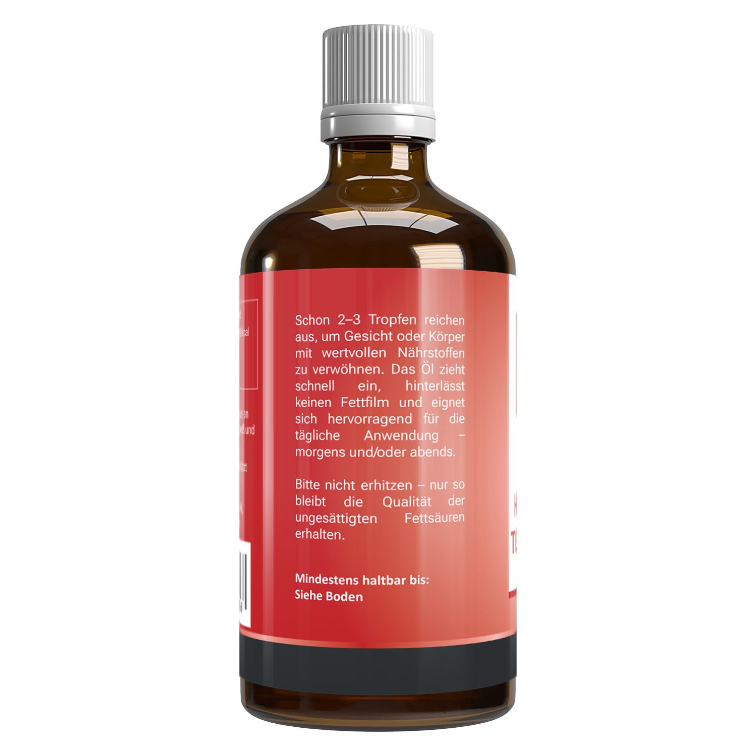 Braune Glasflasche mit weißem Deckel und rotem Etikett. Text auf dem Etikett. Rückansicht.