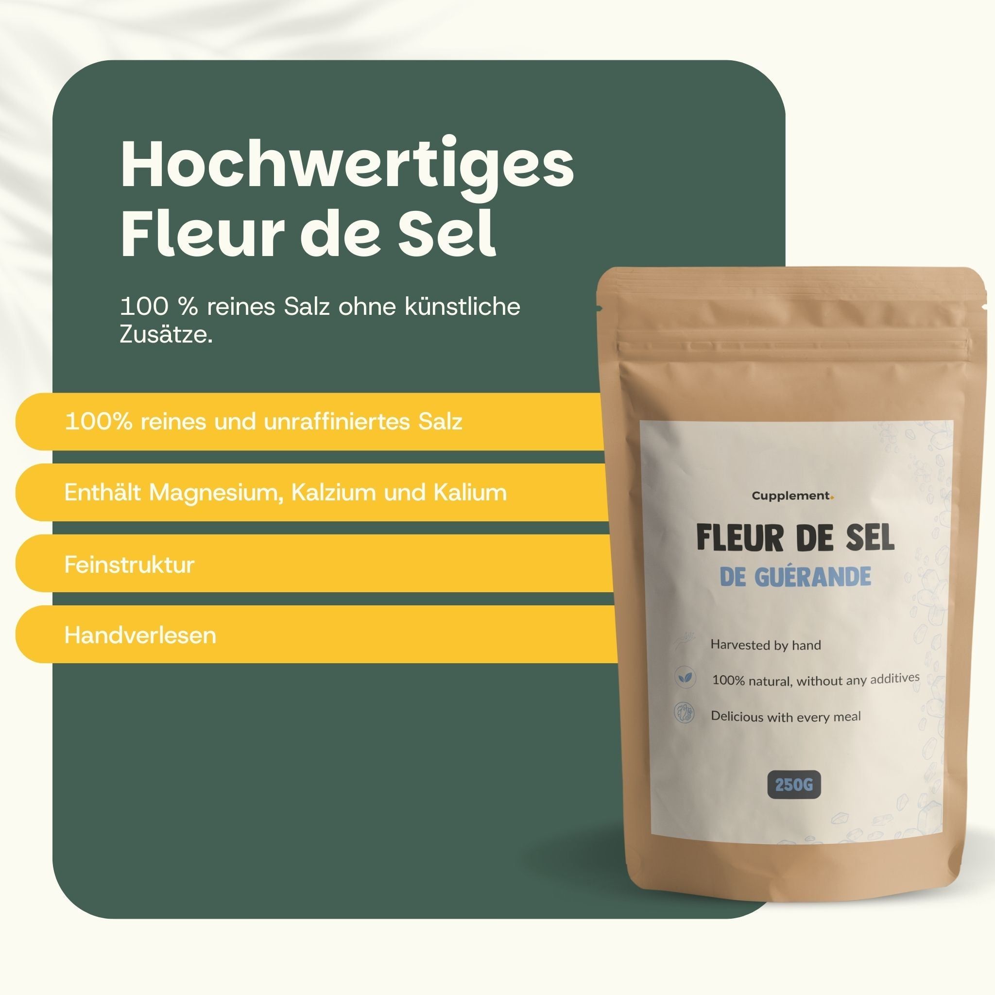 Hochwertiges Fleur de Sel. Text: 100% reines Salz ohne künstliche Zusätze. Beutel.