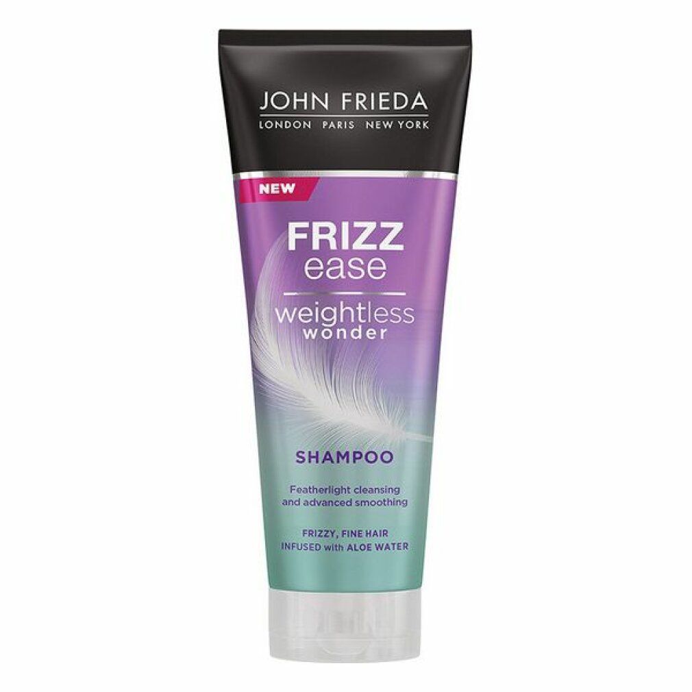 Shampoo-Tube Frizz Ease Weightless Wonder. Schwarzer Deckel, lila-blauer Farbverlauf, Feder-Illustration. Text: Shampoo, für feines Haar.