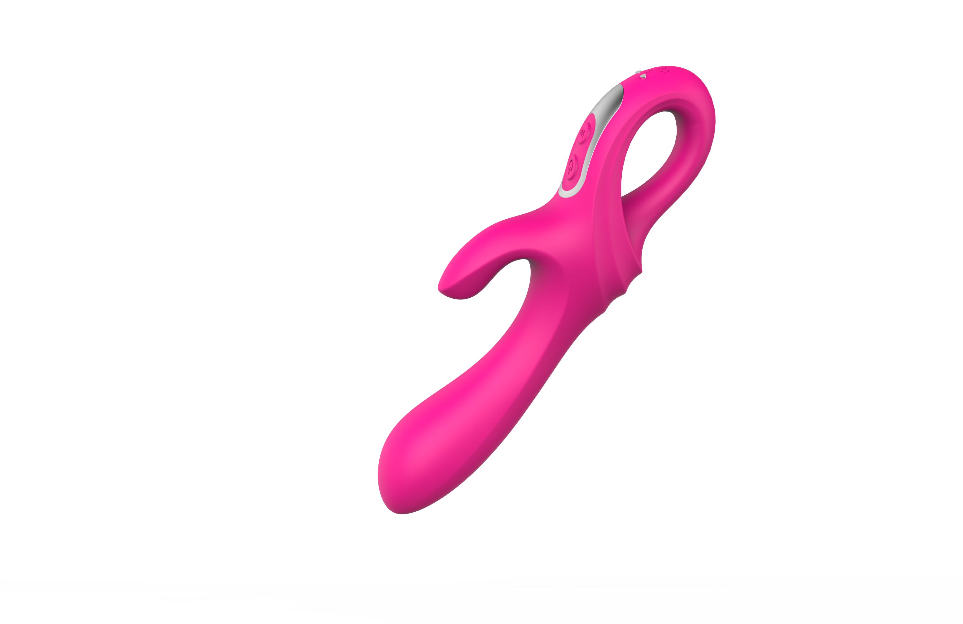 Rosa Vibrator mit gebogener Form und Schlaufe. Zwei Knöpfe und eine abgerundete Spitze. Auf weißem Hintergrund.