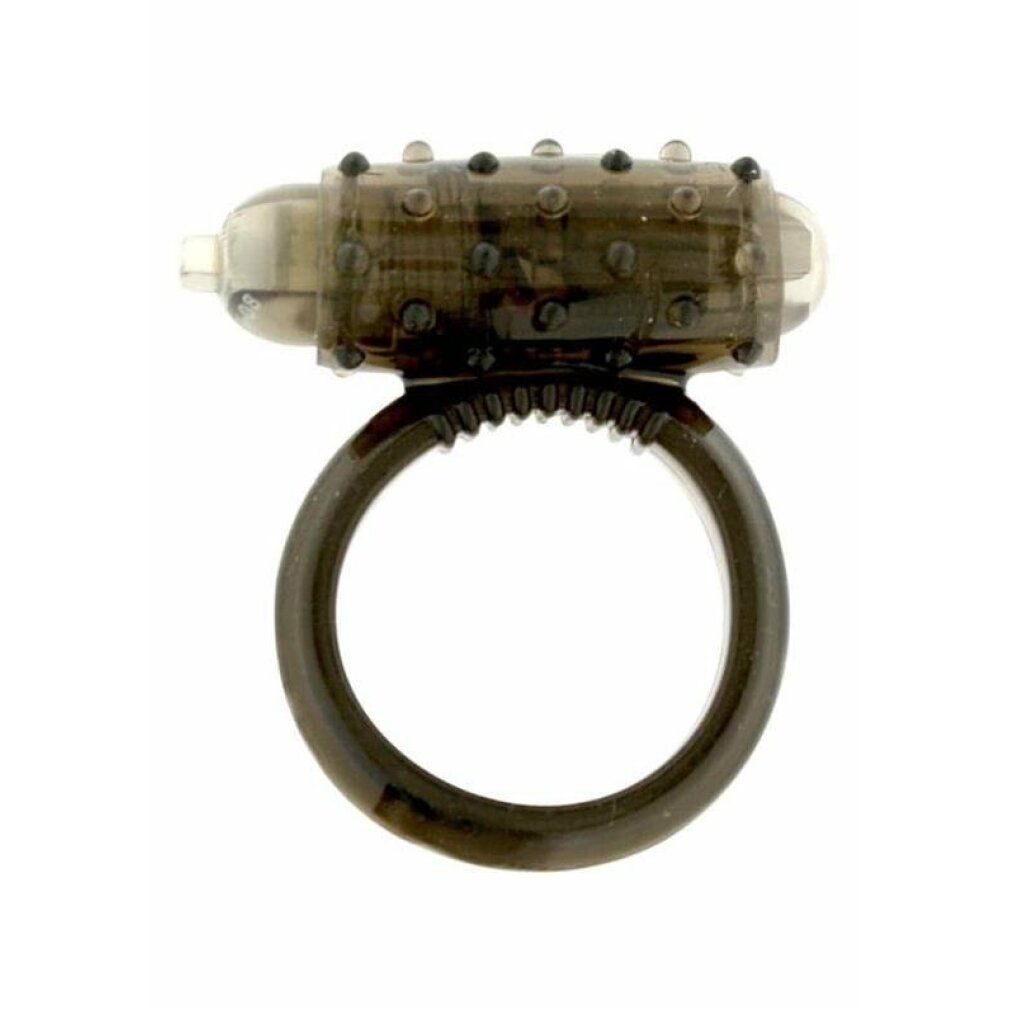 Schwarzer Cockring mit Vibrationsmodul. Ringförmig, mit Noppen und transparenten Elementen.