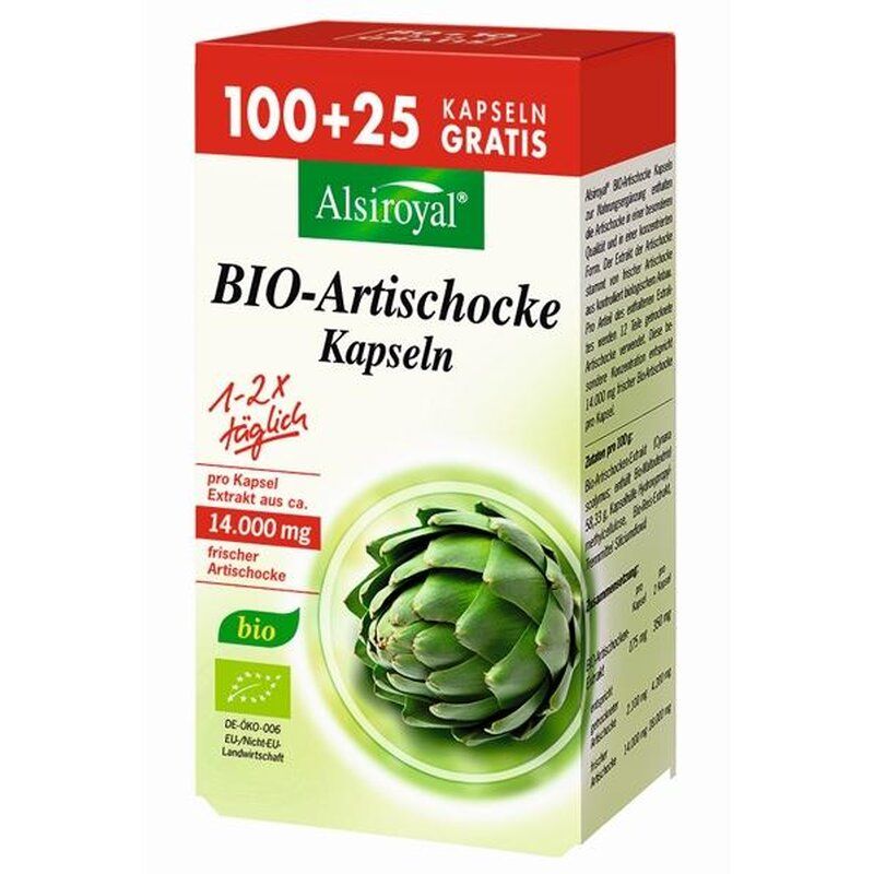 Verpackung von Alsiroyal BIO-Artischocke Kapseln. Rote und weiße Schachtel mit Produktnamen, Artischocken-Illustration und Bio-Siegel.