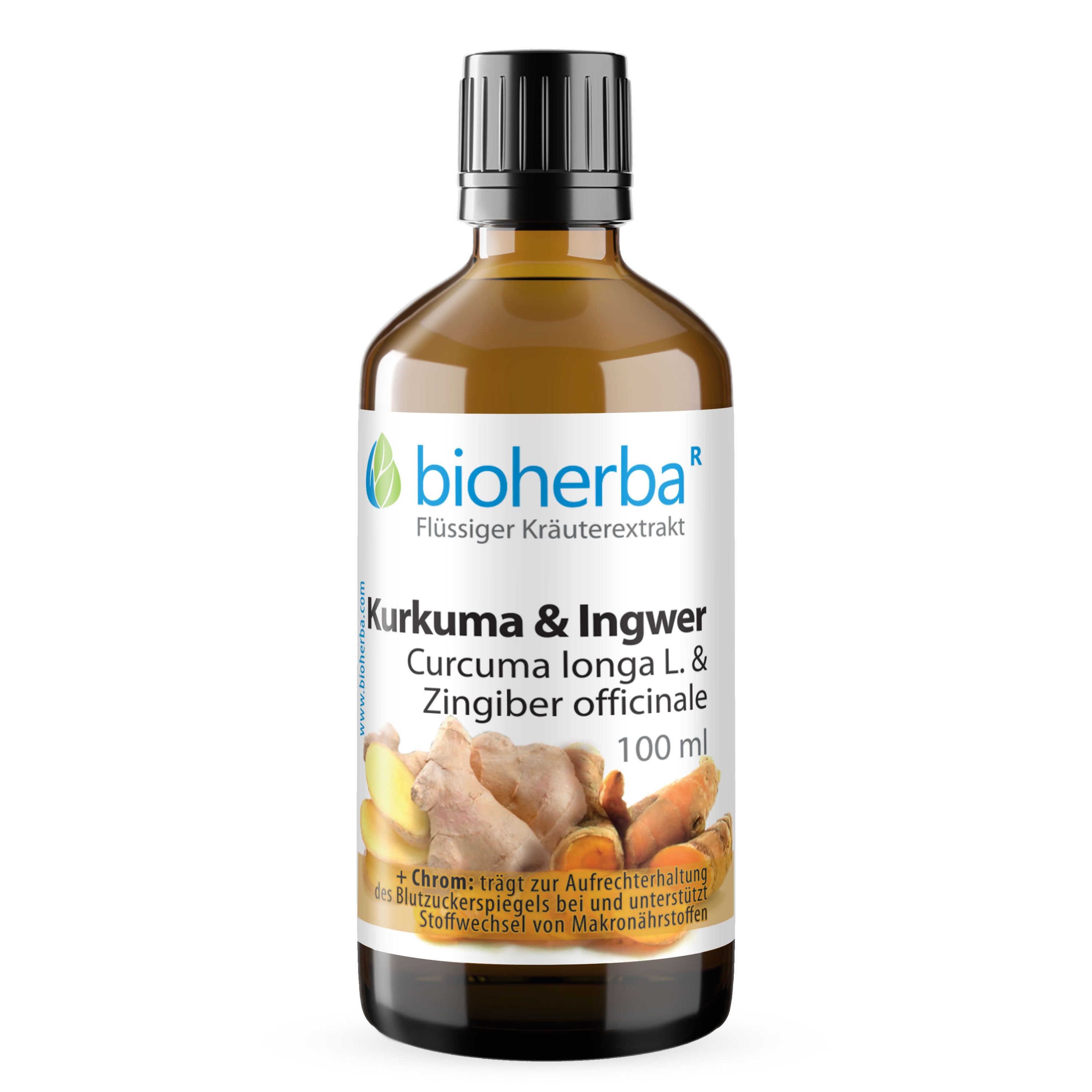 Bioherba Kurkuma & Ingwer Tropfen Tinktur. Braune Glasflasche mit schwarzem Deckel. Etikett mit Produktnamen und Logo.