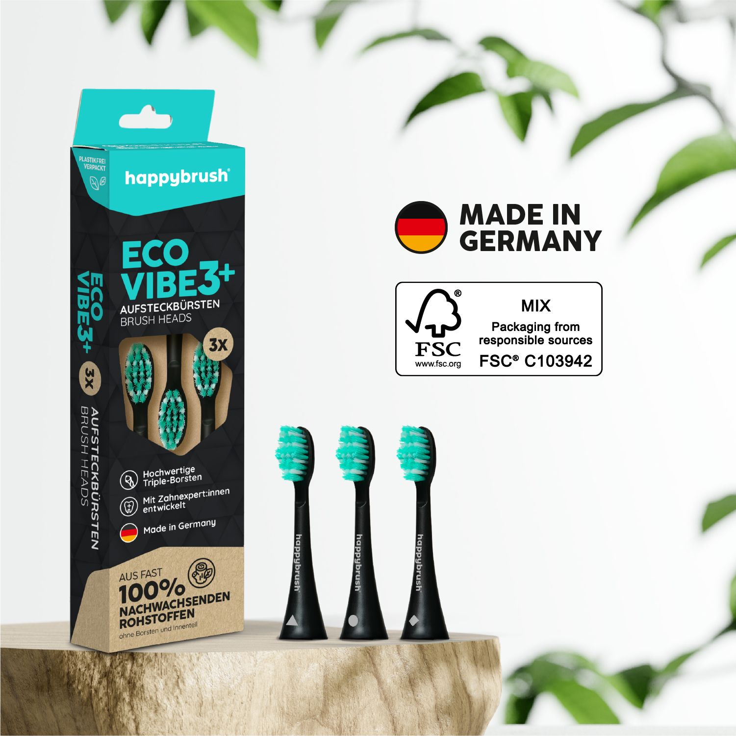 Packung mit happybrush ECO VIBE 3 Aufsteckbürsten. Schwarze Griffe, grüne Borsten. FSC-Zertifizierung und Made in Germany.