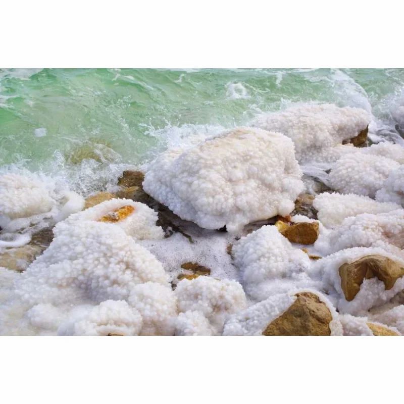 Nahaufnahme von Felsen am Ufer, bedeckt mit weißen Salzkristallen, Wasser im Hintergrund.