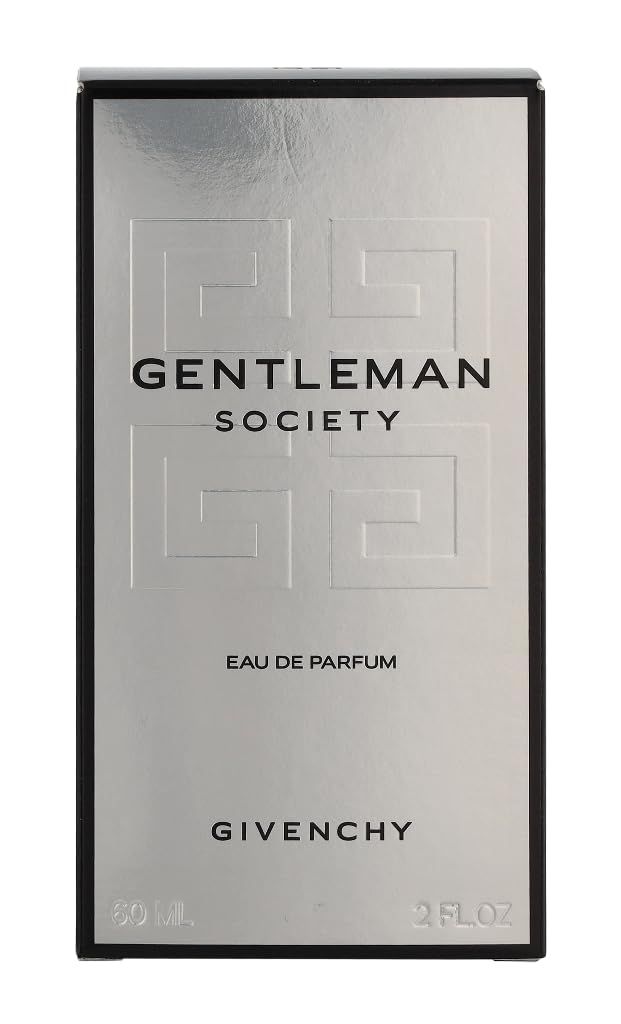 Silberne Schachtel mit schwarzem Logo. Auf der Schachtel steht "GENTLEMAN SOCIETY" und "GIVENCHY".