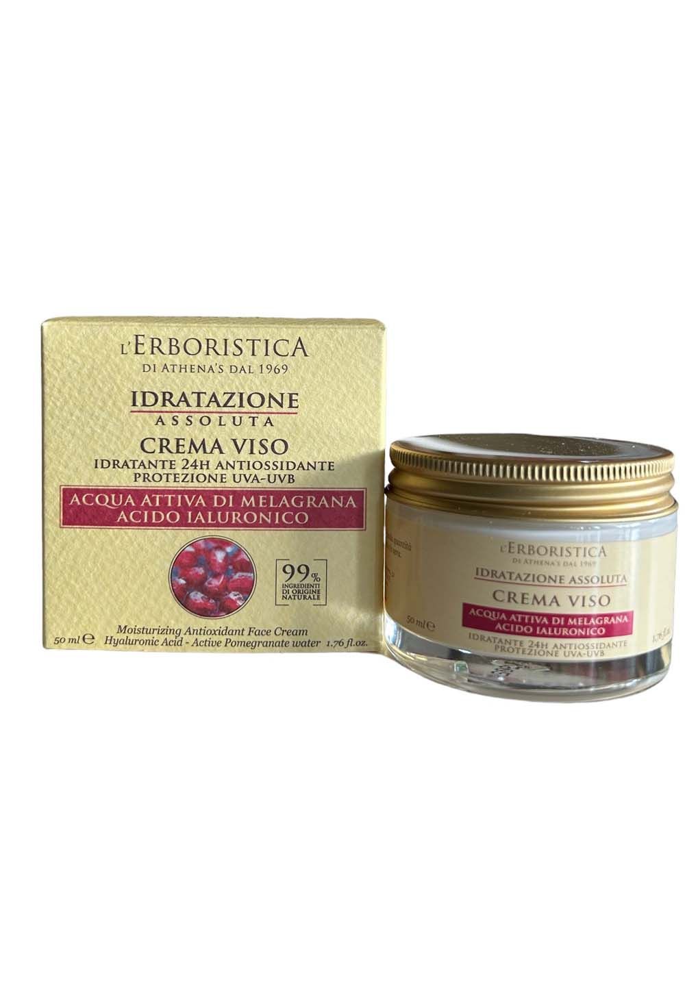 Creme und Verpackung. Aufschrift: IDRATAZIONE ASSOLUTA, CREMA VISO, ACQUA ATTIVA DI MELAGRANA, ACIDO IALURONICO. 99% Inhaltsstoffe natürlichen Ursprungs.
