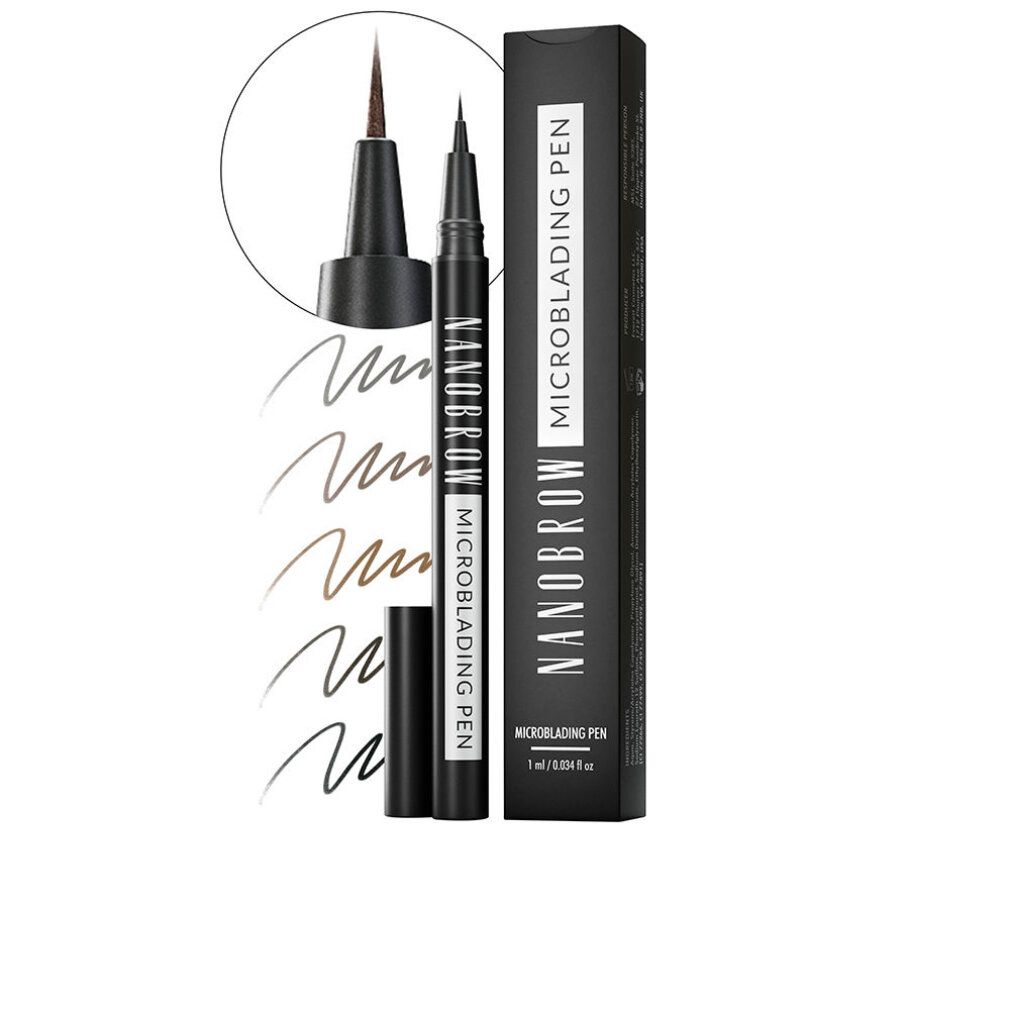 Microblading Pen, schwarz. Mit geöffneter Kappe und Strichproben. Schwarze Verpackung mit weißer Schrift: Nanobrow Microblading Pen.