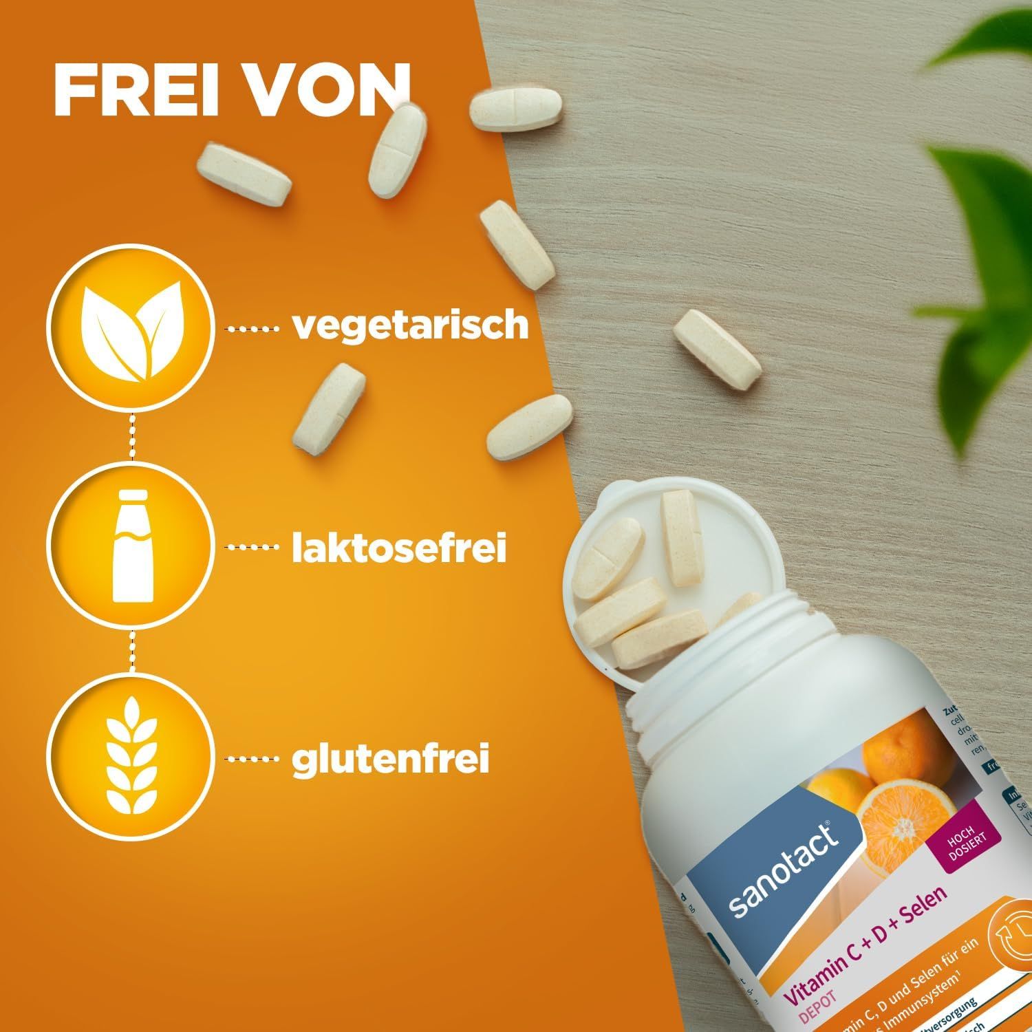 Geöffnete Flasche mit Tabletten. Aufschrift: sanotact Vitamin C + D + Selen Depot. Vegetarisch, laktosefrei, glutenfrei.